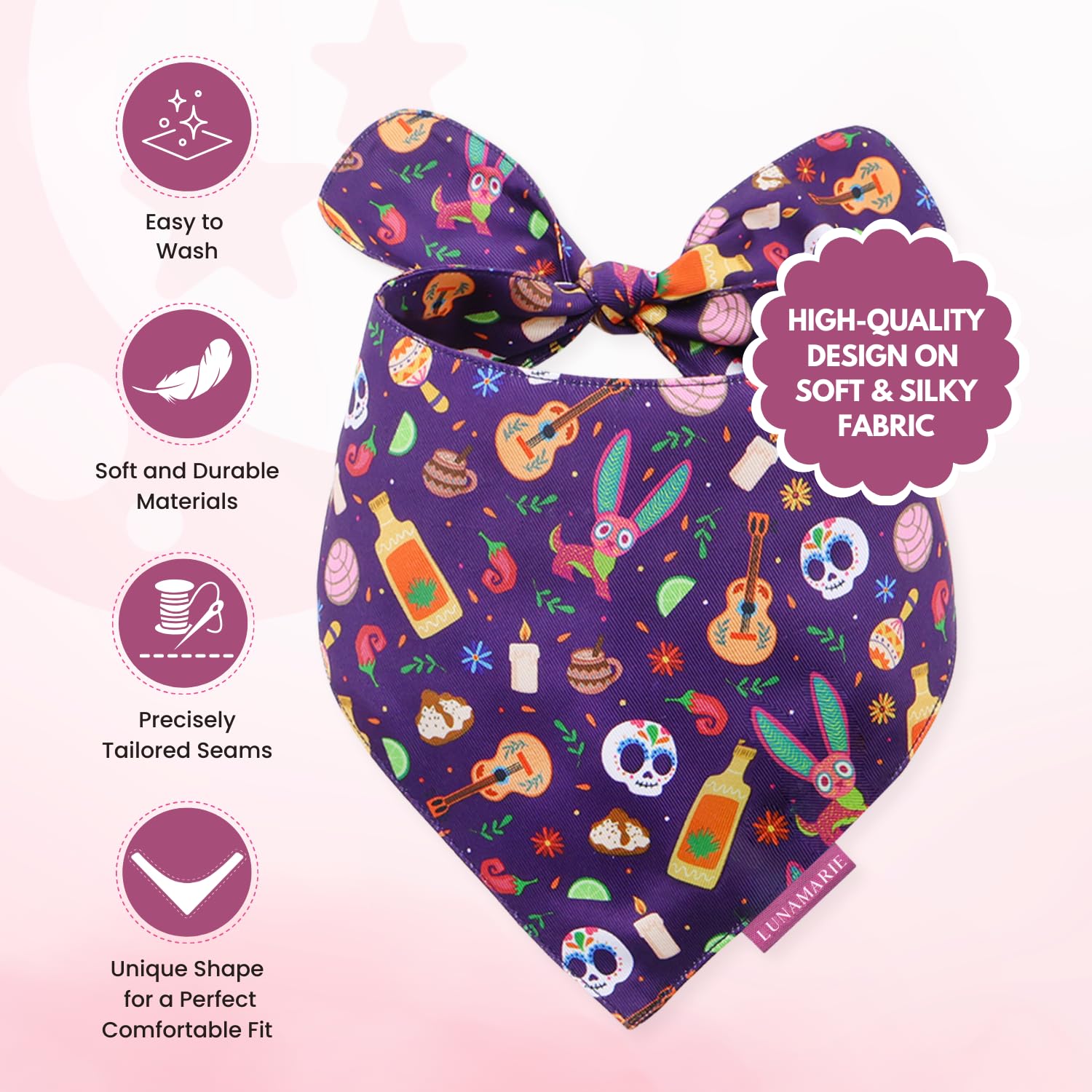 LunaMarie - Luxury Pet Birthday Bandanas -Premium & Silky Poly Fabric | 100% Handmade | Custom Shape Dual Layered (Day of The De