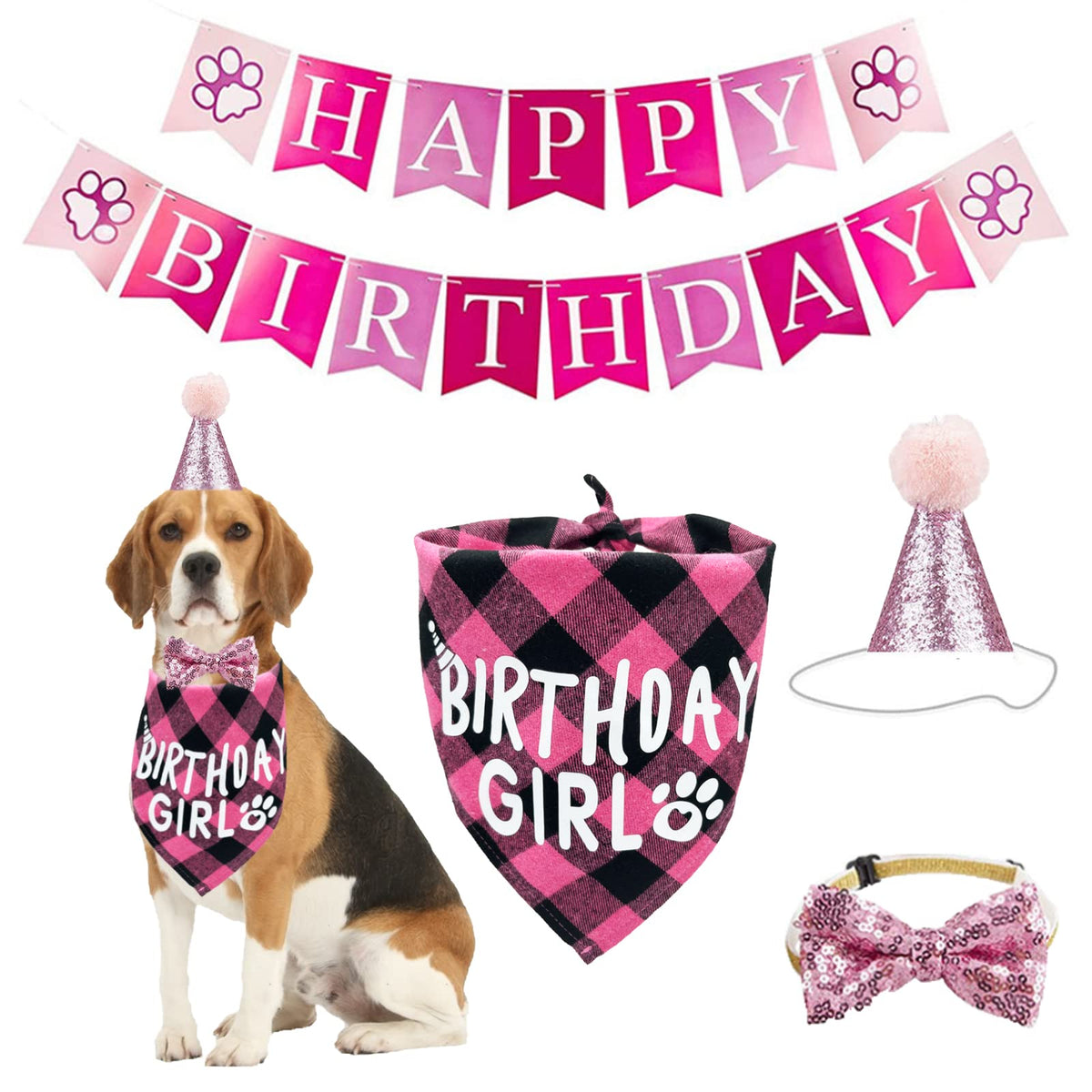 Dog Birthday Bandana Hat Scarf Set, Dog Birthday Party Supplies Dog Bandana Hat Scarfs Happy Birthday Banner With Cute Dog Bow Tie Collar Boy Girl Puppy Birthday Hat Scarf Classic Plaid Design (Pink)