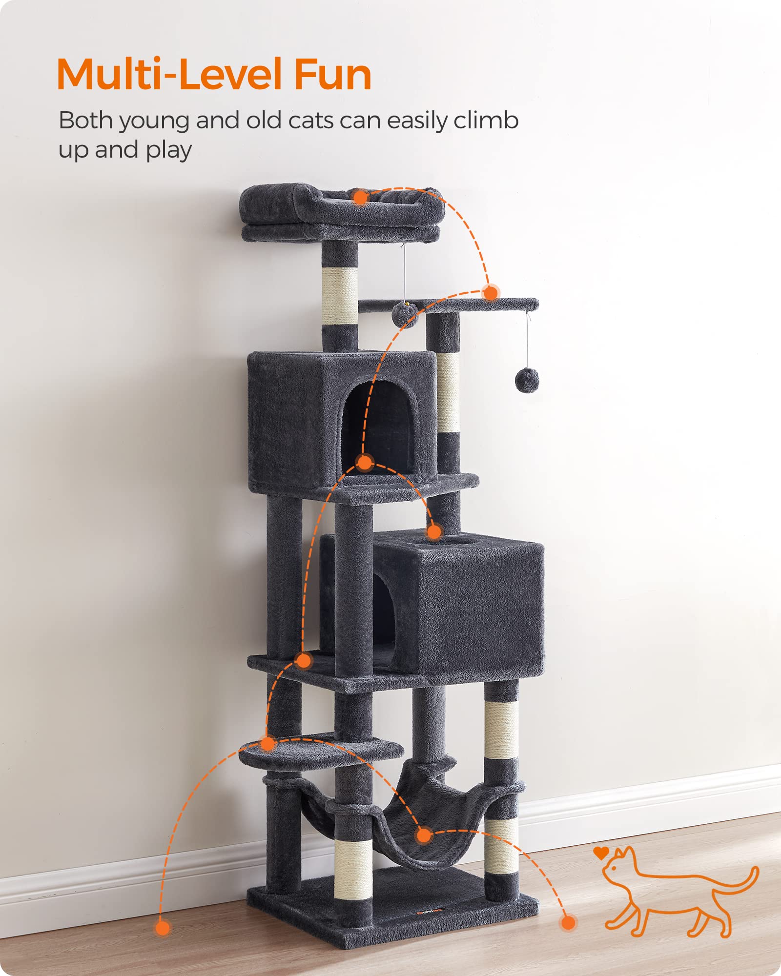 Feandrea Cat Tree, 61-Inch Cat Tower For Indoor Cats, Plush Multi-Level Cat Condo With 5 Scratching Posts, 2 Perches, 2 Caves, Hammock, 2 Pompoms, Smoky Gray Upct192G01