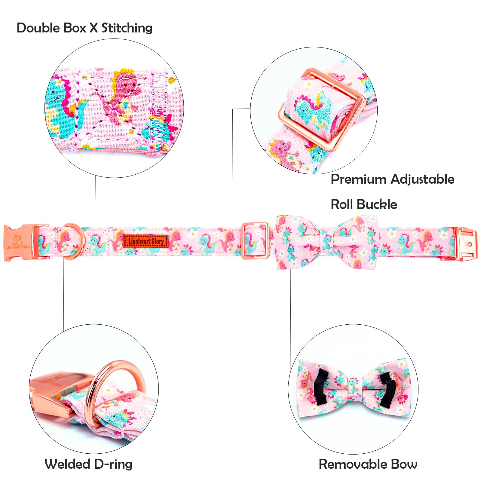 Lionheart Glory Dog Bow Collar Dinosaurs Pattern Cute Collars For Large Dogs,Soft Duty Adjustable Dog Collar With Bowtie Spring
