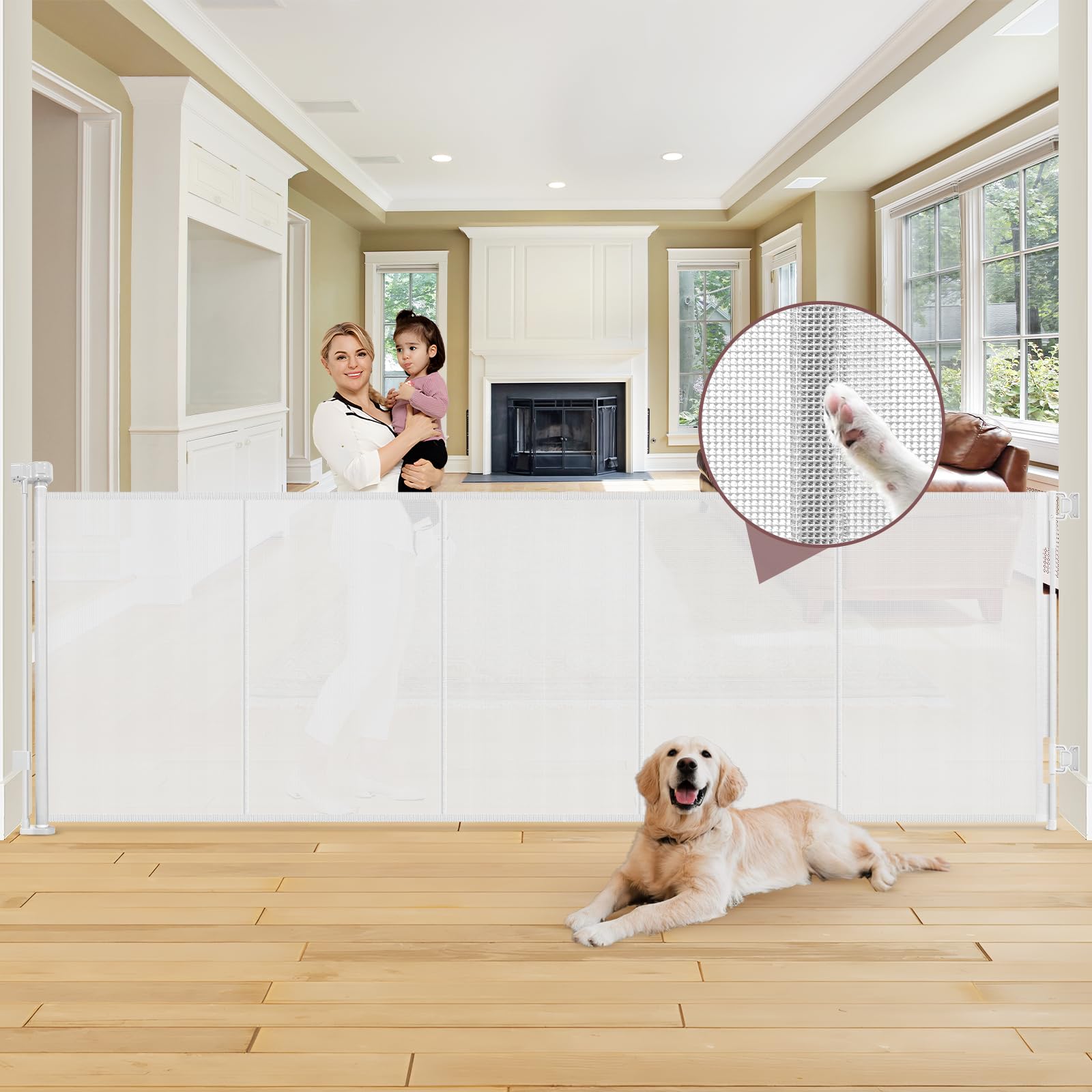 Reinforced 41'' Extra Tall Retractable Dog Gate 100'' Wide Retractable Baby Gates with Support Rods, Outdoor Retractable Gates f