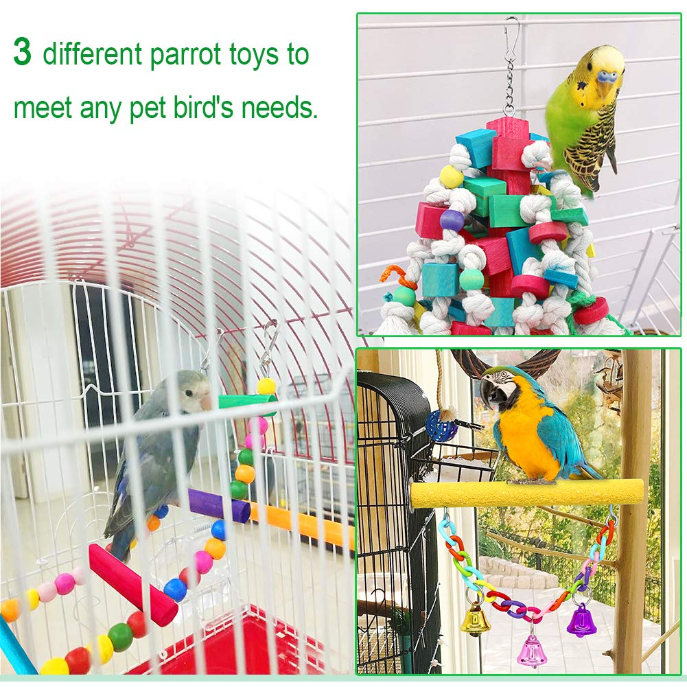 Petuol Bird Toys, Large Bird Swing Toys, 3 Pcs Parrot Toys Chewing Wood With Bells Toys For Small Macaws Cockatoos, Alexandrine