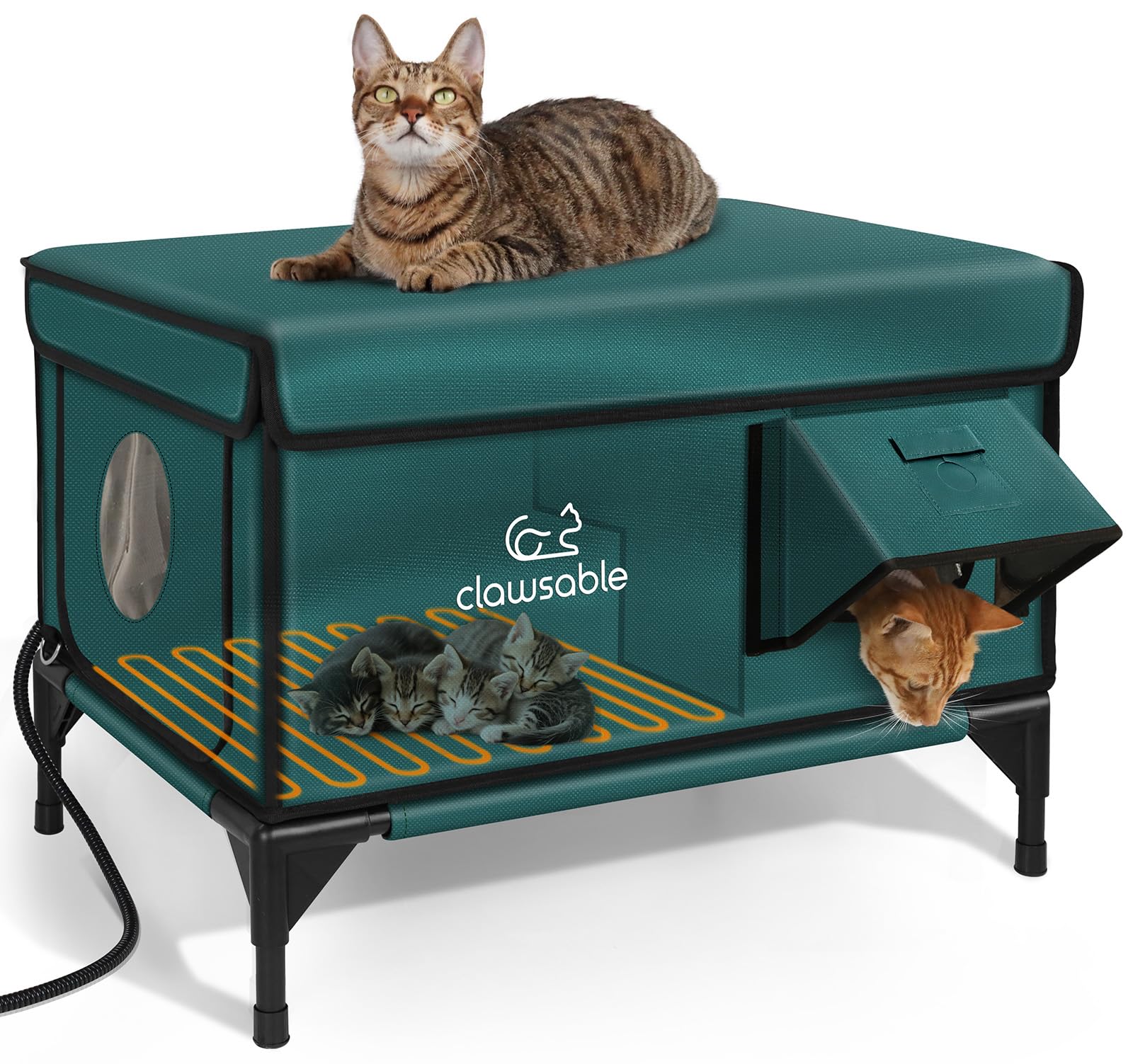 Indestructible Heated Cat House for Outside Winter, 100% Waterproof, Safe Escape Door, Insulated Outdoor Cat Shelter with Heater