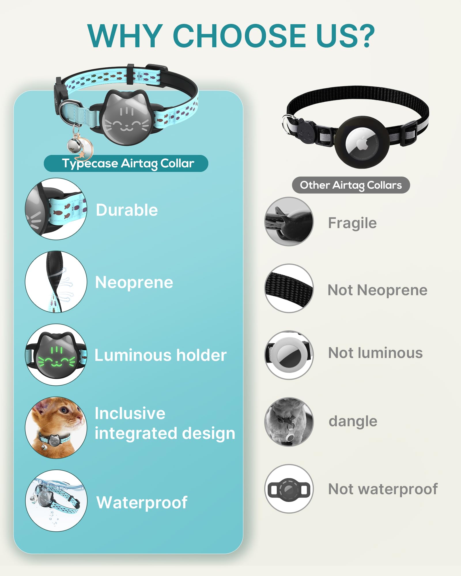 Waterproof Airtag Cat Collar, Breakaway Cat Airtag Collar With Luminous & Reflective Pattern Strap, Lightweight Kitten Collar For Apple Air Tag, Hidden Holder For Gps Tracker - Cats, Kittens (9-13')