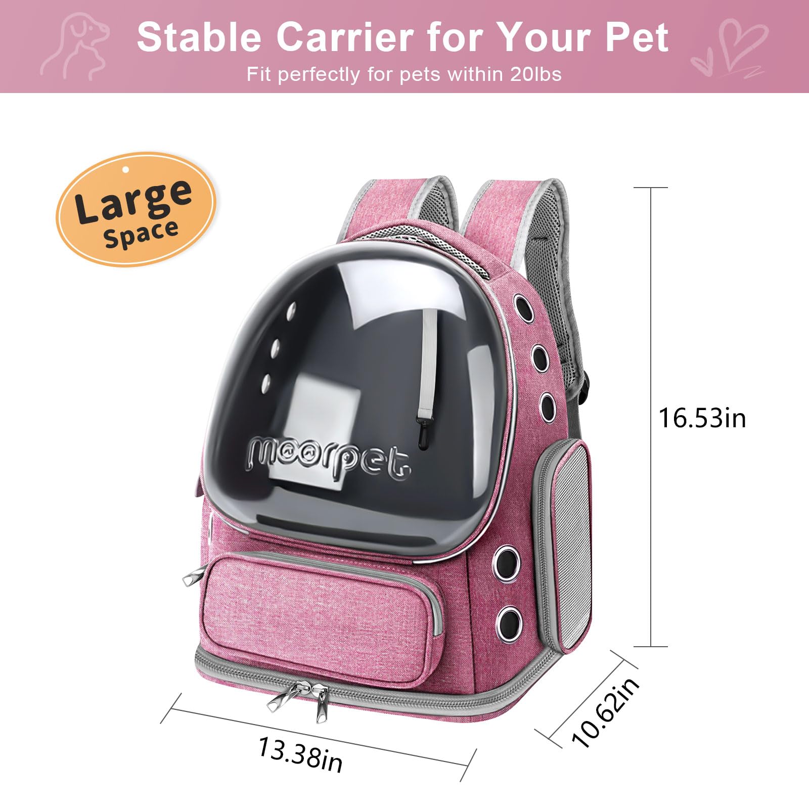 Foldable Cat Carrier Backpack, Breathable Bubble Design, Transparent, Airline Approved, Up To 20 Lbs (Pink)