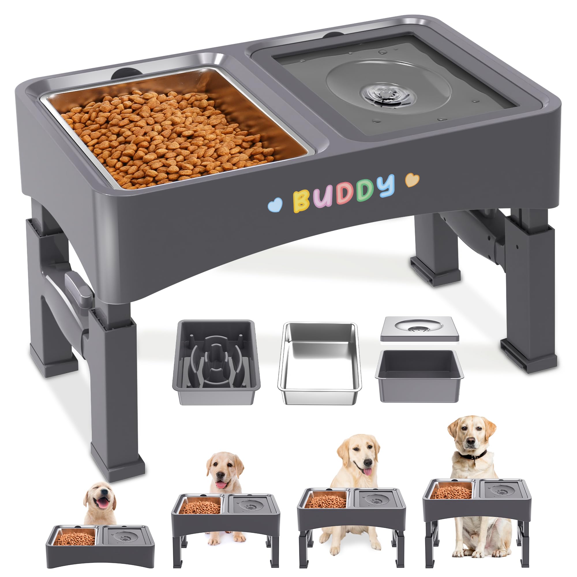 Decflow 3-in-1 Elevated Dog Bowls, 4 Height Adjustable Raised Dog Bowls with Stainless Steel Dog Food Bowls, Slow Feeder, No Spi