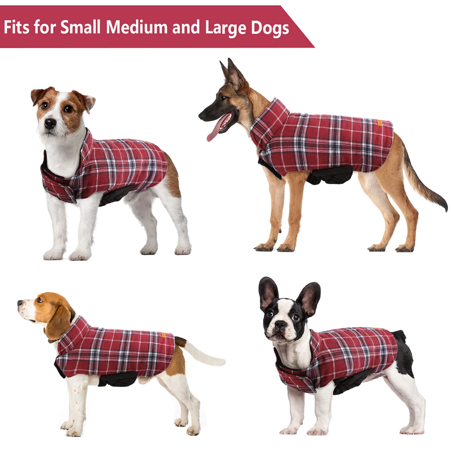 Kuoser Warm Dog Coat, Reversible Dog Jacket Waterproof Dog Winter Coat British Style Plaid Dog Clothes Pet Dog Cold Weather Coats Cozy Snow Jacket Vest For Small Medium Large Dogs Red S