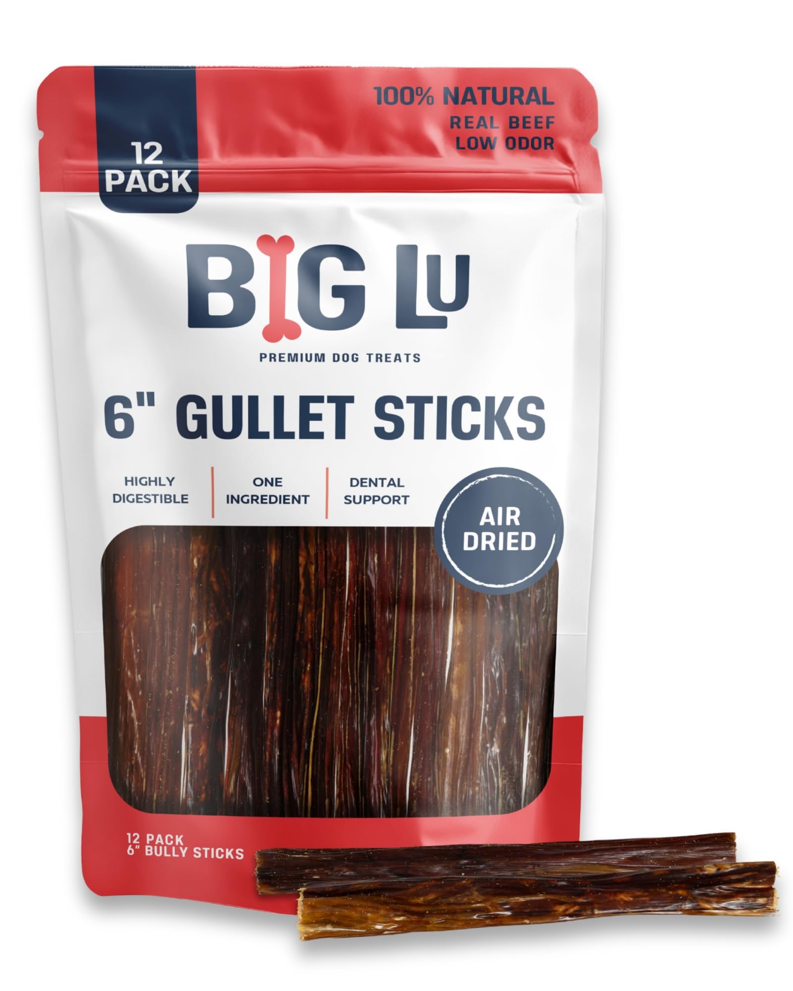 Big Lu - 6-Inch Jerky Gullet Sticks, 12 Count, All-Natural Beef Dog Chews, Grass-Fed, Free-Range, Digestible Treats with Glucosa