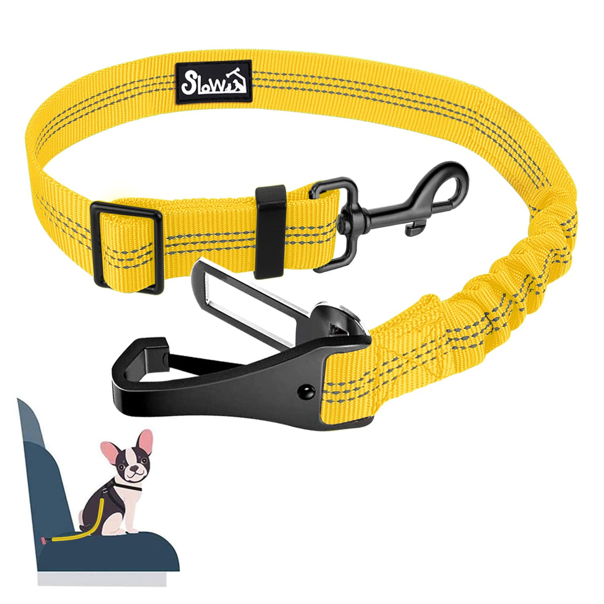 Slowton Dog Harness, Adjustable Dog Seatbelt, 2 In 1 Latch Bar Attachment, Reflective Nylon Belt Tether, Yellow, 27.55In