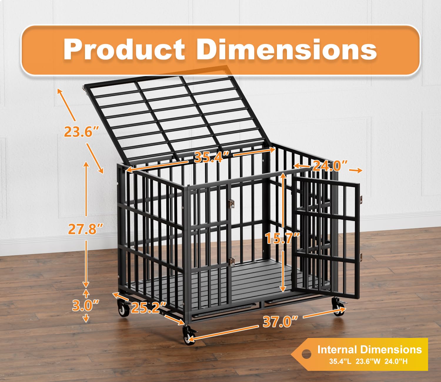 Hmhtct 38 Inch Heavy Duty Dog Crate With Wheels,Indestructible Escape-Proof Dog Kennel With Locking Latch And Double Door,Extra