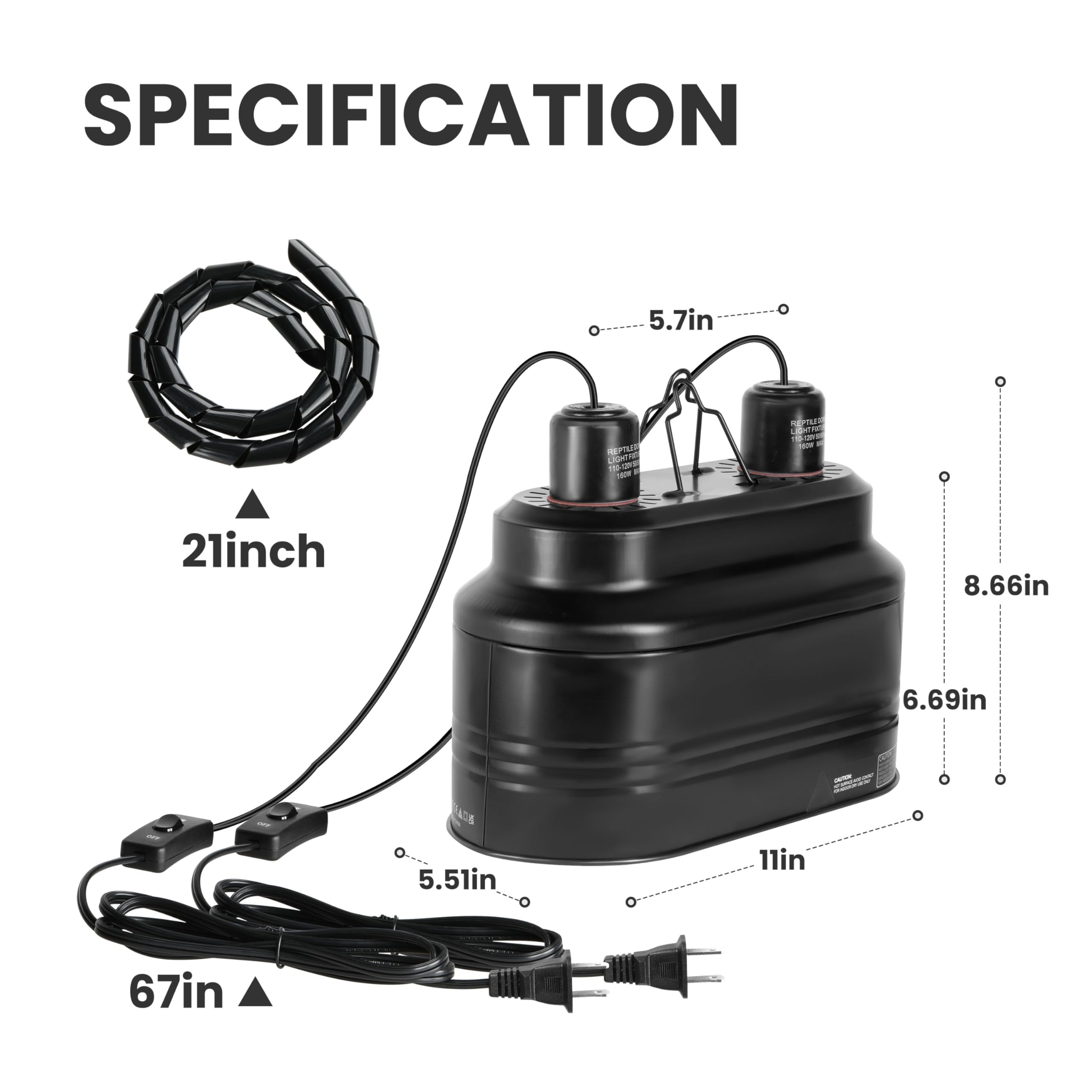 Simple Deluxe Dual Reptile Light Fixture 160W, Reflector Dome Heat/Uvb Lamp Cap, For Small Animal Terrarium And Tortoise Habitat
