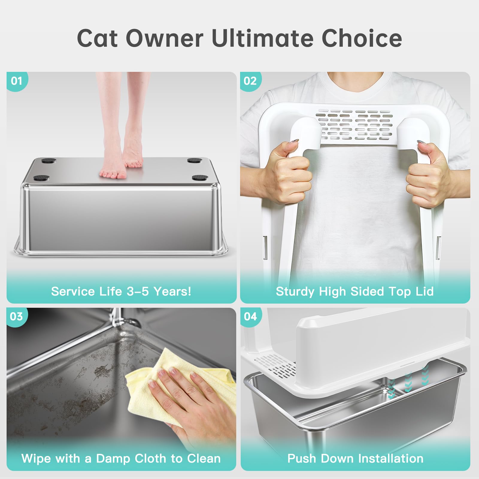 Stainless Steel Litter Box With Lid, 14    Xl Stainless Steel Cat Litter Box Enclosure, Extra Large Metal Cat Box, Non-Sticky, A