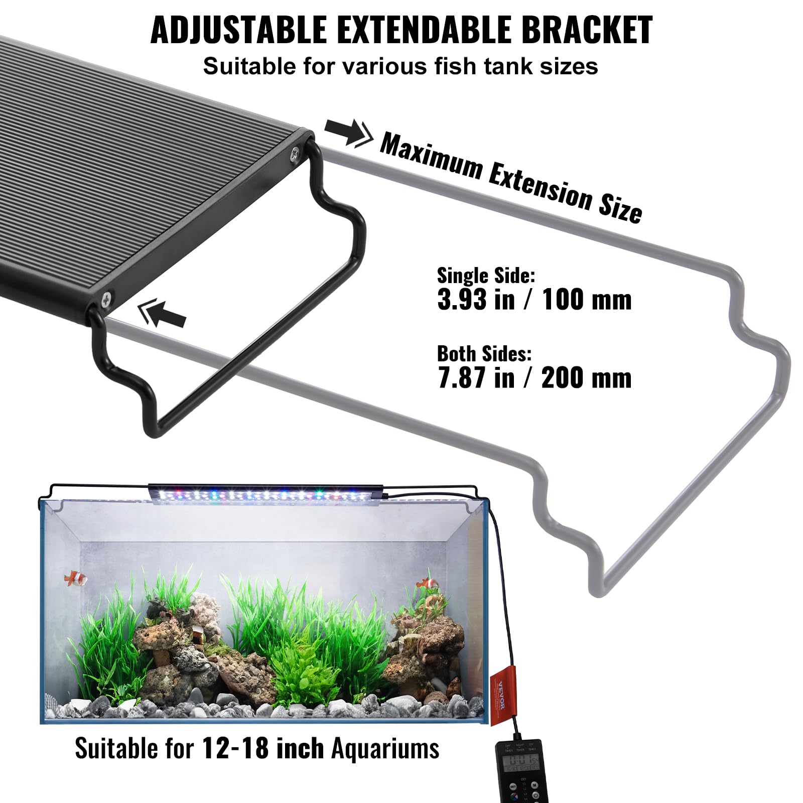 Vevor Aquarium Light With Lcd Monitor, 14W Full Spectrum Fish Tank Light With 24/7 Natural Mode, Adjustable Brightness & Timer -