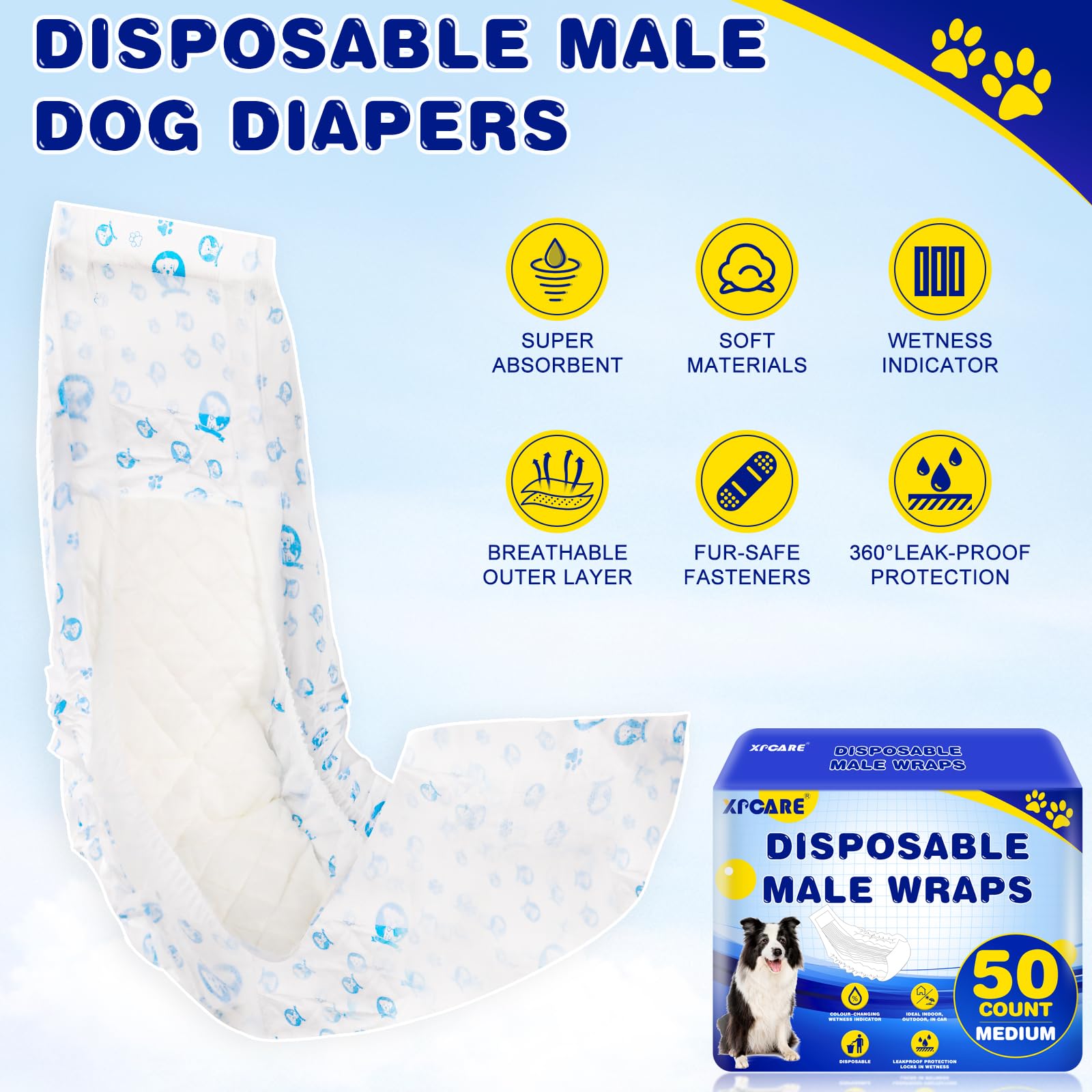 Xpcare 50 Count Disposable Male Dog Diapers, Male Dog Wraps,Super Absorbent Leak-Proof Fit (Medium)