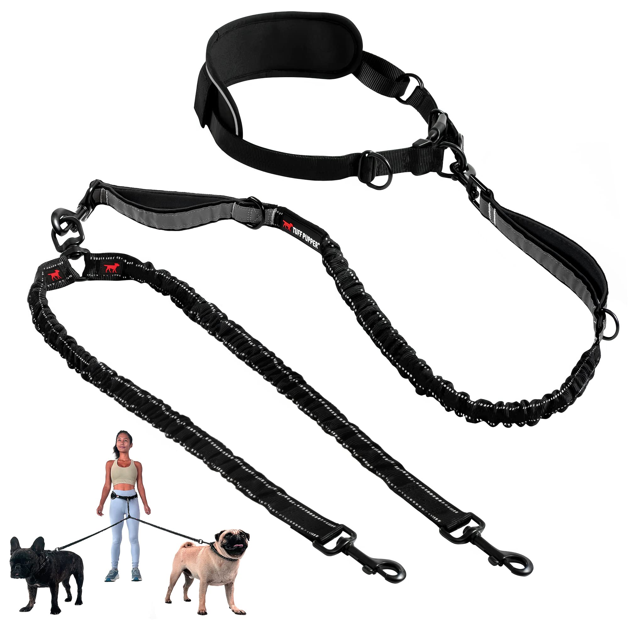 Tuff Pupper Heavy Duty Hands Free Dog Leash | Two Small/Medium Dogs Up To 90 Lbs | Comfortable Shock Absorbing Bungee | Reflecti