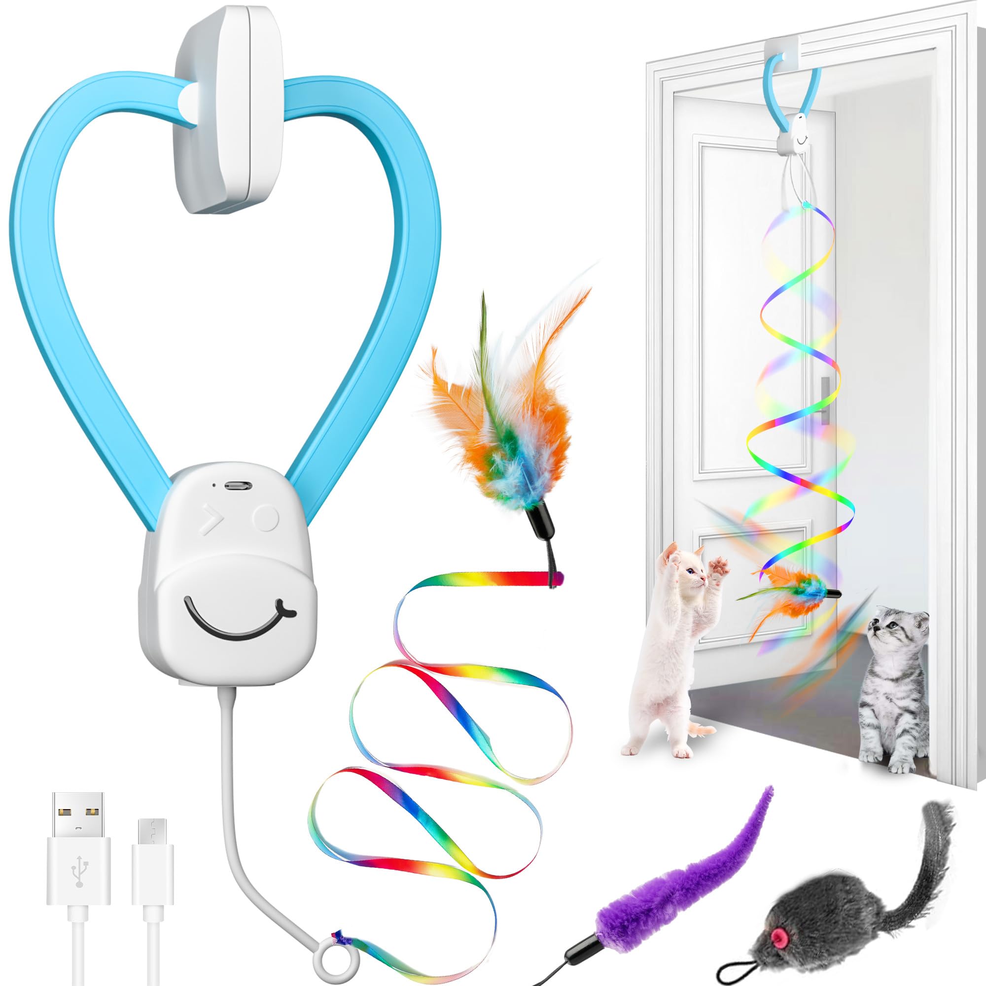 Interactive Cat Toys for Indoor Cats, Automatic Electric Door Hanging Toy with 3 Interchangeable Accessories (Feather, Mouse, Wo