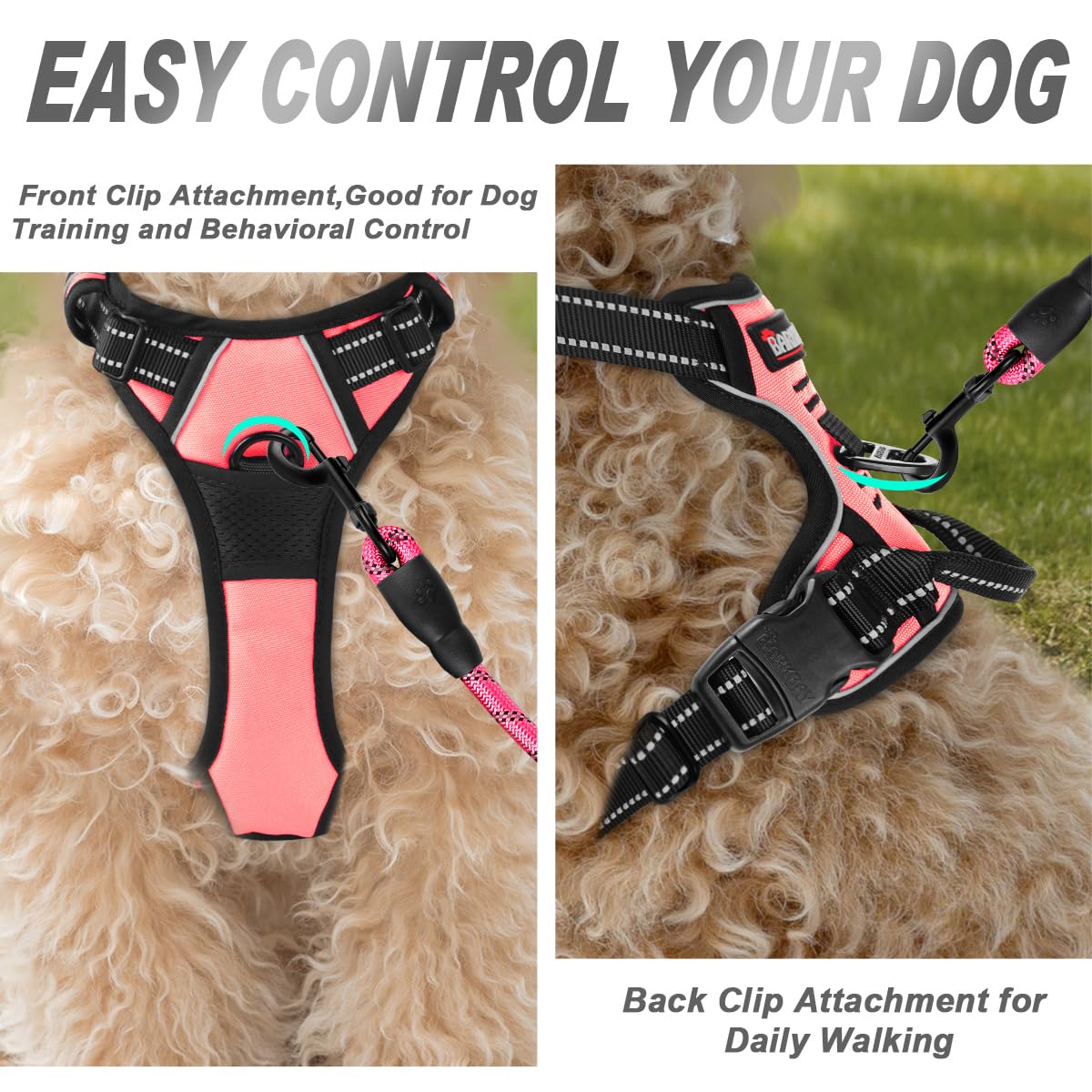 BARKBAY No Pull Dog Harness Front Clip Heavy Duty Reflective Easy Control Handle for Large Dog Walking(Light Pink,XS)