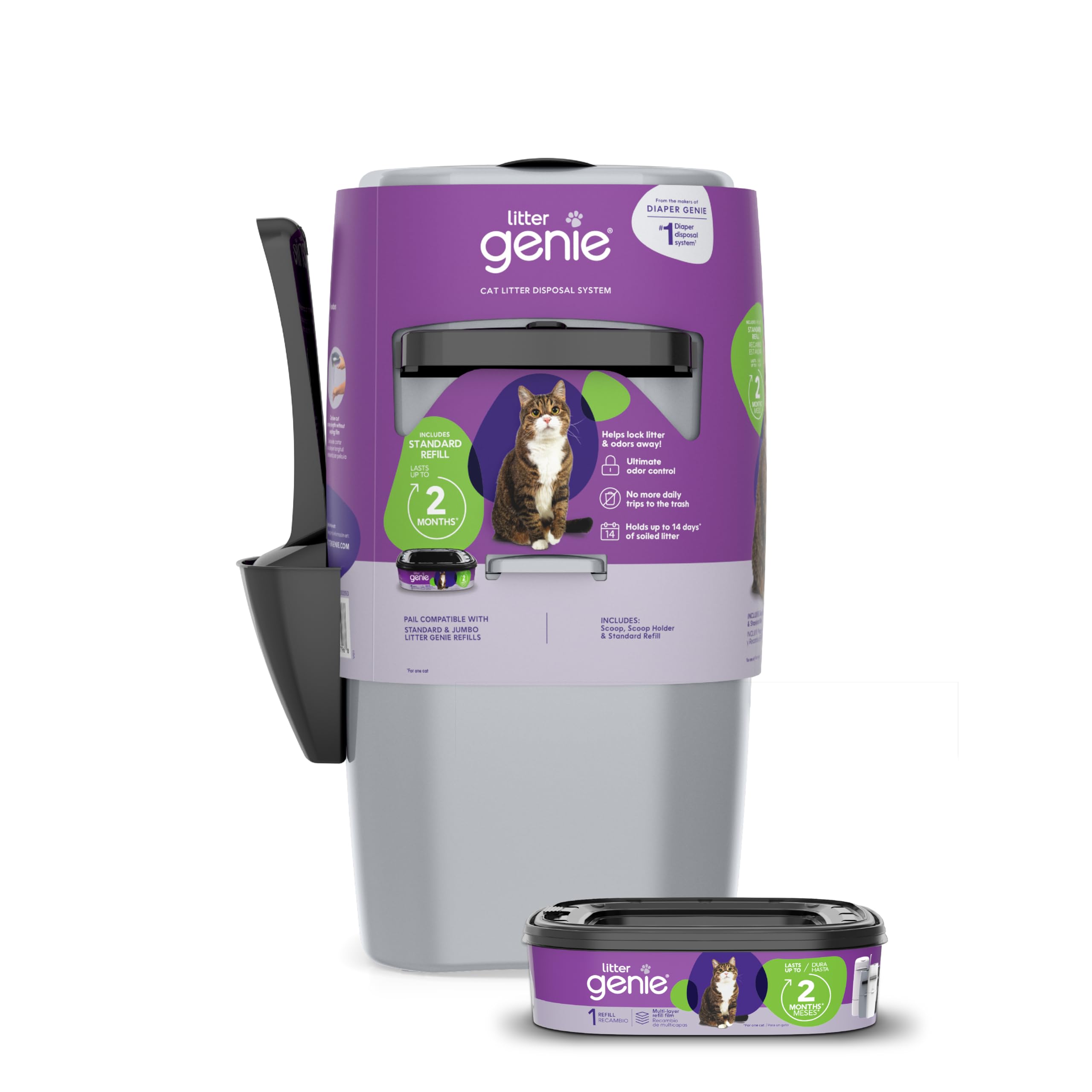 Litter Genie Standard Pail (Silver) | Cat Litter Box Waste Disposal System For Odor Control | Includes 1 Square Refill Bag