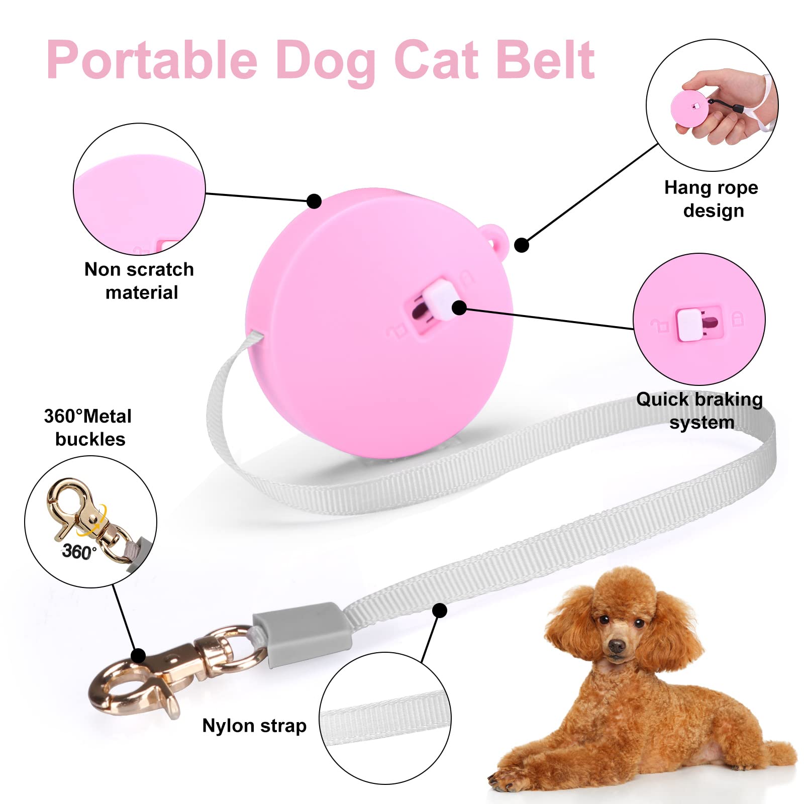 Retractable Dog Leash For Small Dogs Cats Up To 11Lbs With 6.5Ft Anti-Pull Strong Nylon Tape, Hands Free, Mini And Portable Walking Leash With Wrist Strap, One-Hand Brake, Pink Round