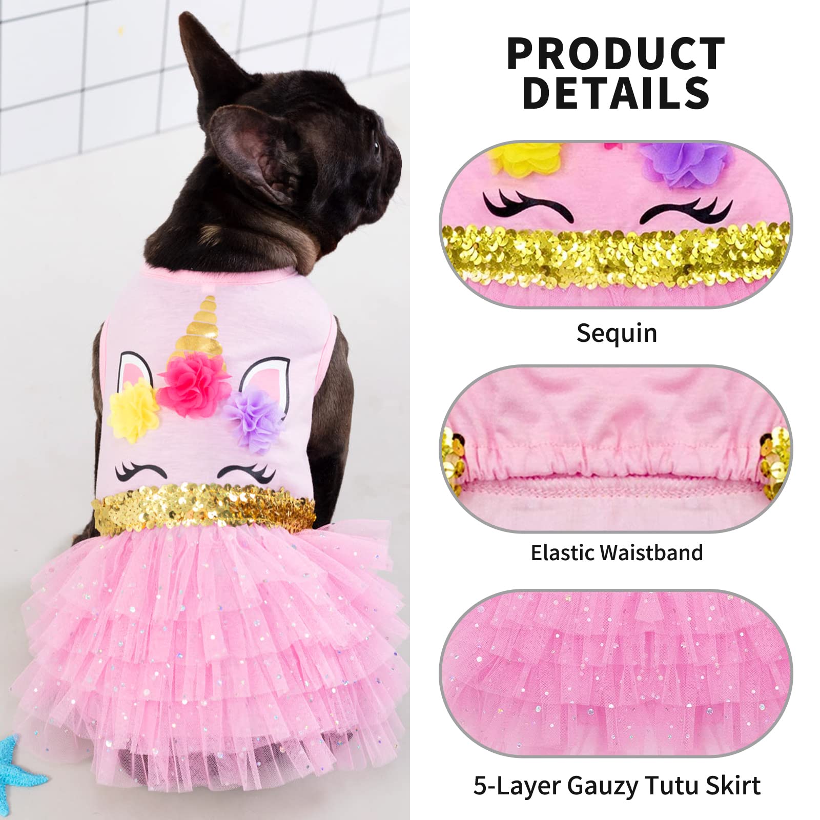 Kyeese Dog Dress Unicorn Tiered Layer Tutu Tulle Dogs Birthday Party Dresses With Sequins Dog Clothes X-Small