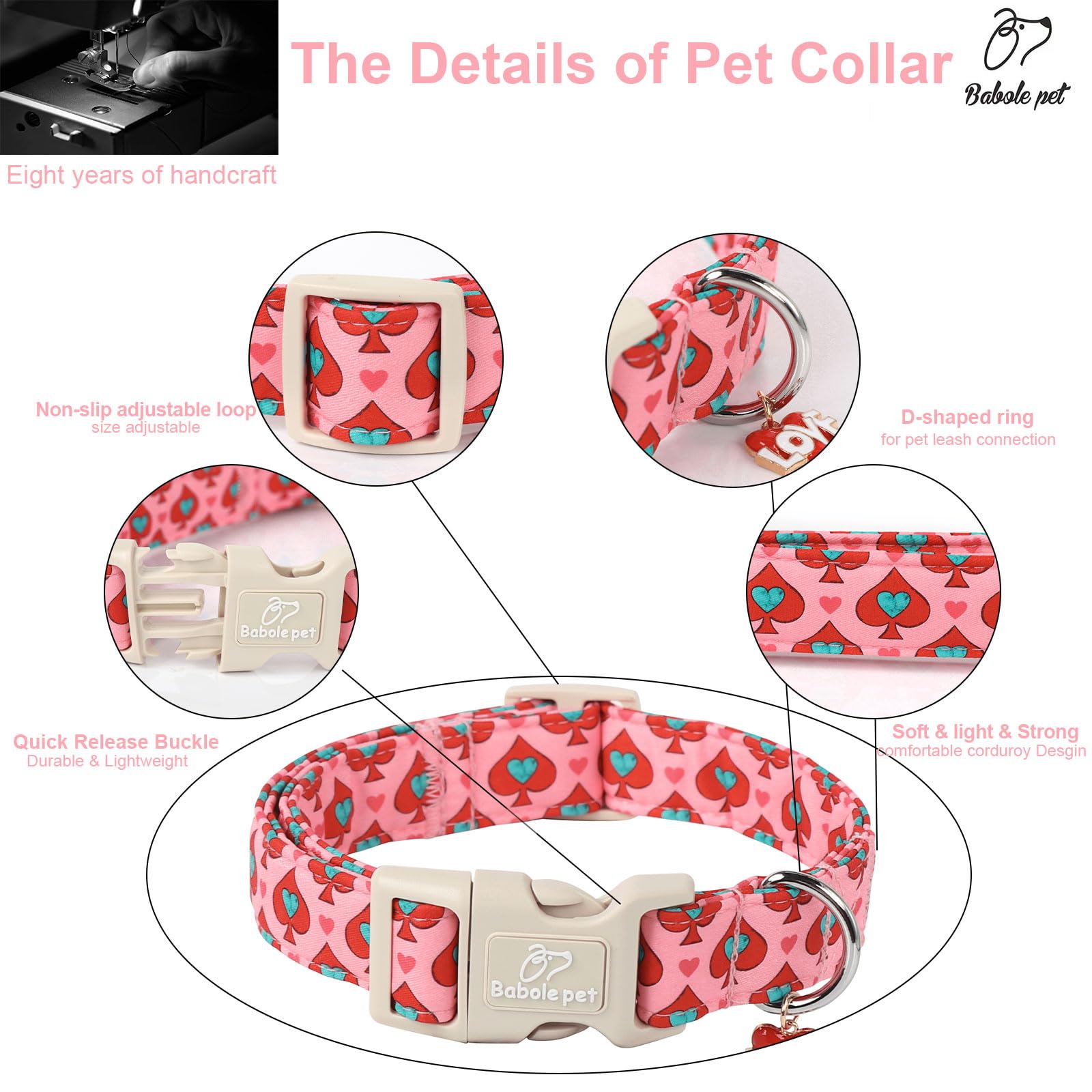 Babole Pet Valentines Dog Collar for Large Dogs - Design Cute Rose Red Valentine Dog Collars Boy Girl Puppy Adjustable Quick Rel
