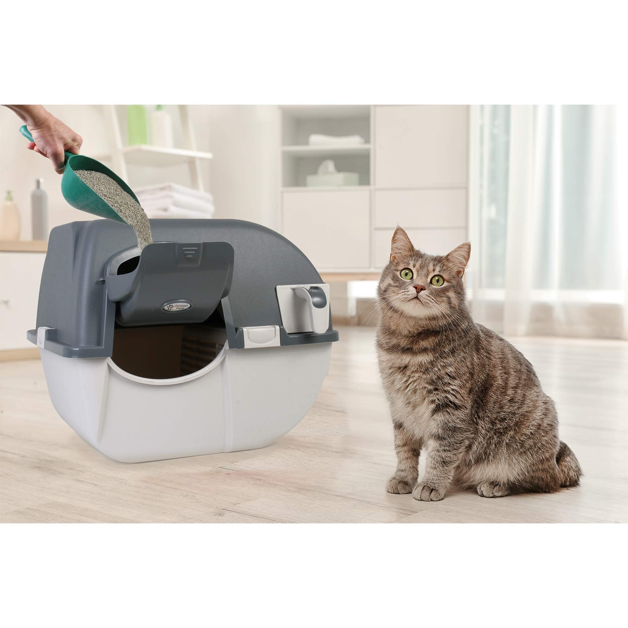 Omega Paw Easy Fill Roll 'n Clean Cat Litter Box - Regular Size, Grey Plastic