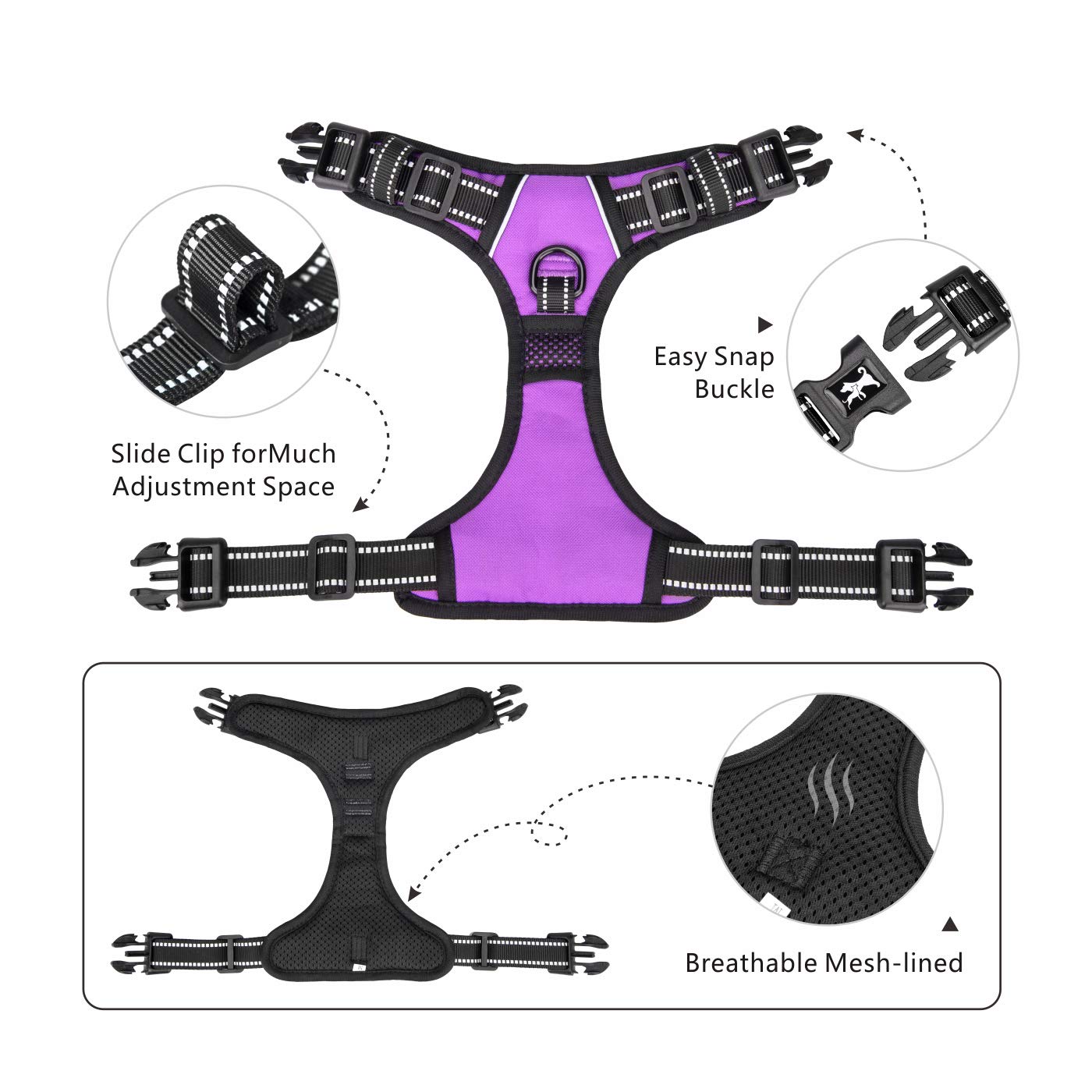 Poypet 2019 Upgraded No Pull Dog Harness With 4 Snap Buckles, Reflective With Front & Back 2 Leash Hooks And An Easy Control Handle [No Need Go Over Dog’S Head] (Purple,S)
