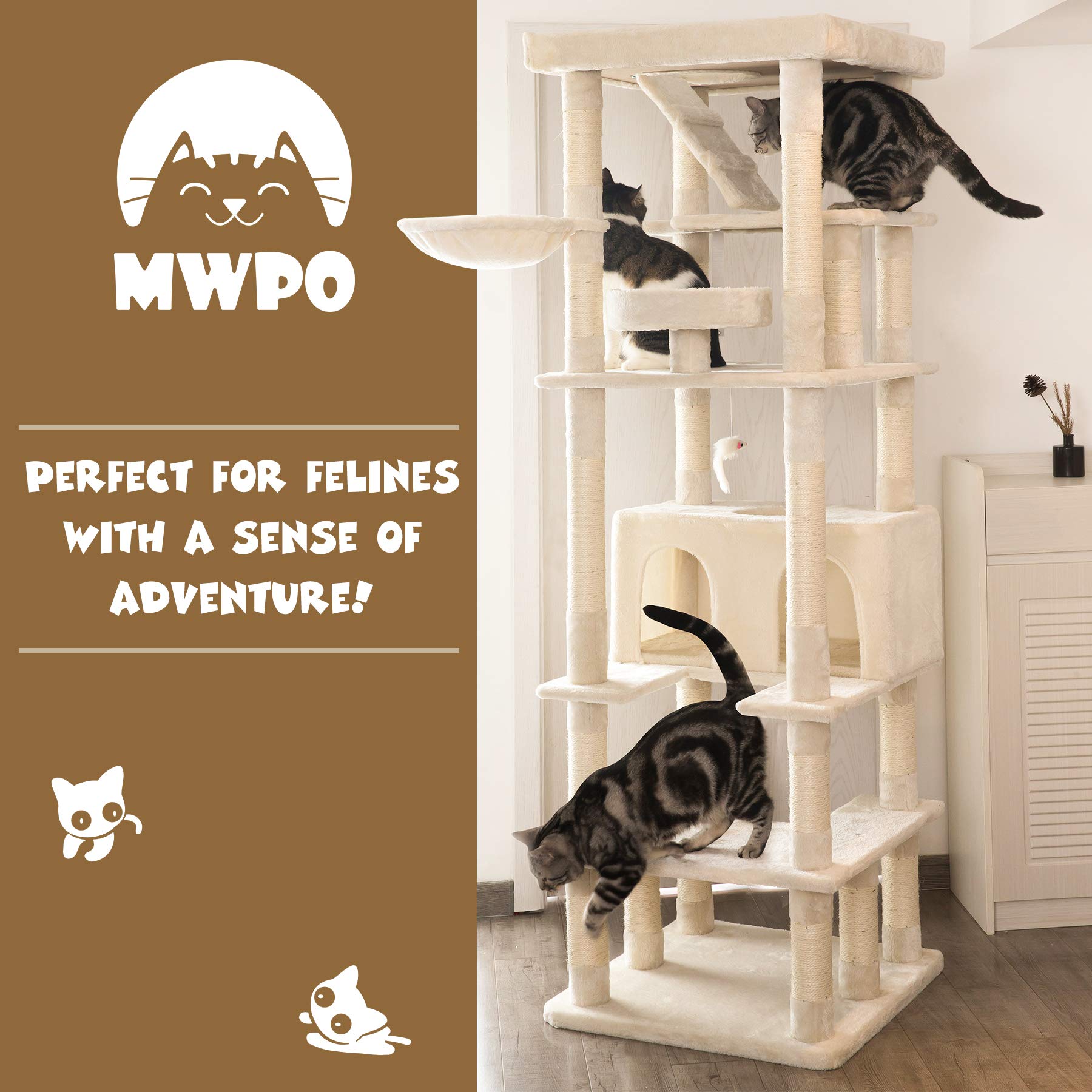 Mwpo 74.8 Inches Large Cat Tree With Sisal-Covered Scratching Posts & Condo, Tall Cat Tower Entertainment Playground Furniture F