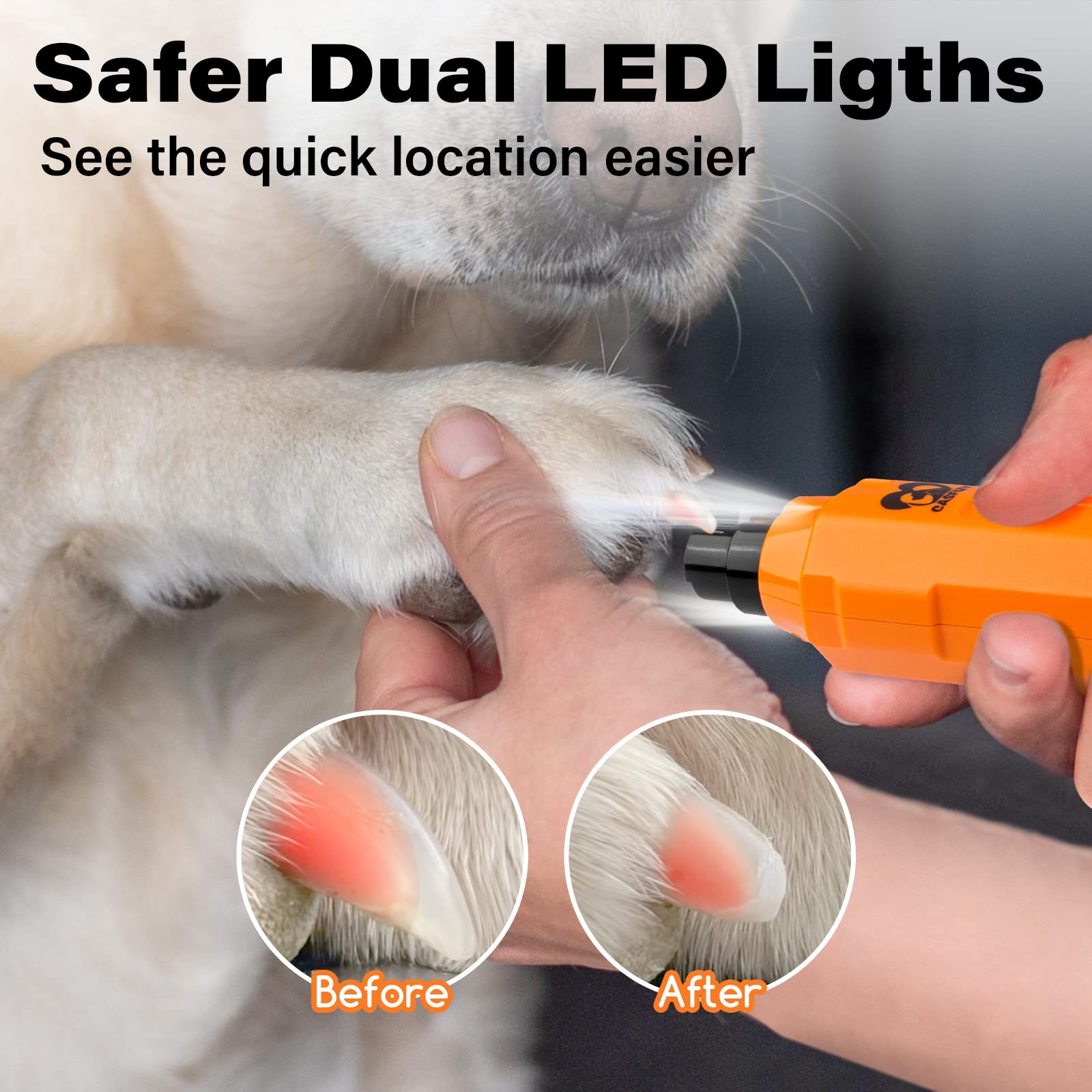 Casfuy 6-Speed Dog Nail Grinder - Newest Enhanced Pet Nail Grinder Super Quiet Rechargeable Electric Dog Nail Trimmer Painless Paws Grooming & Smoothing Tool For Large Medium Small Dogs (Orange)