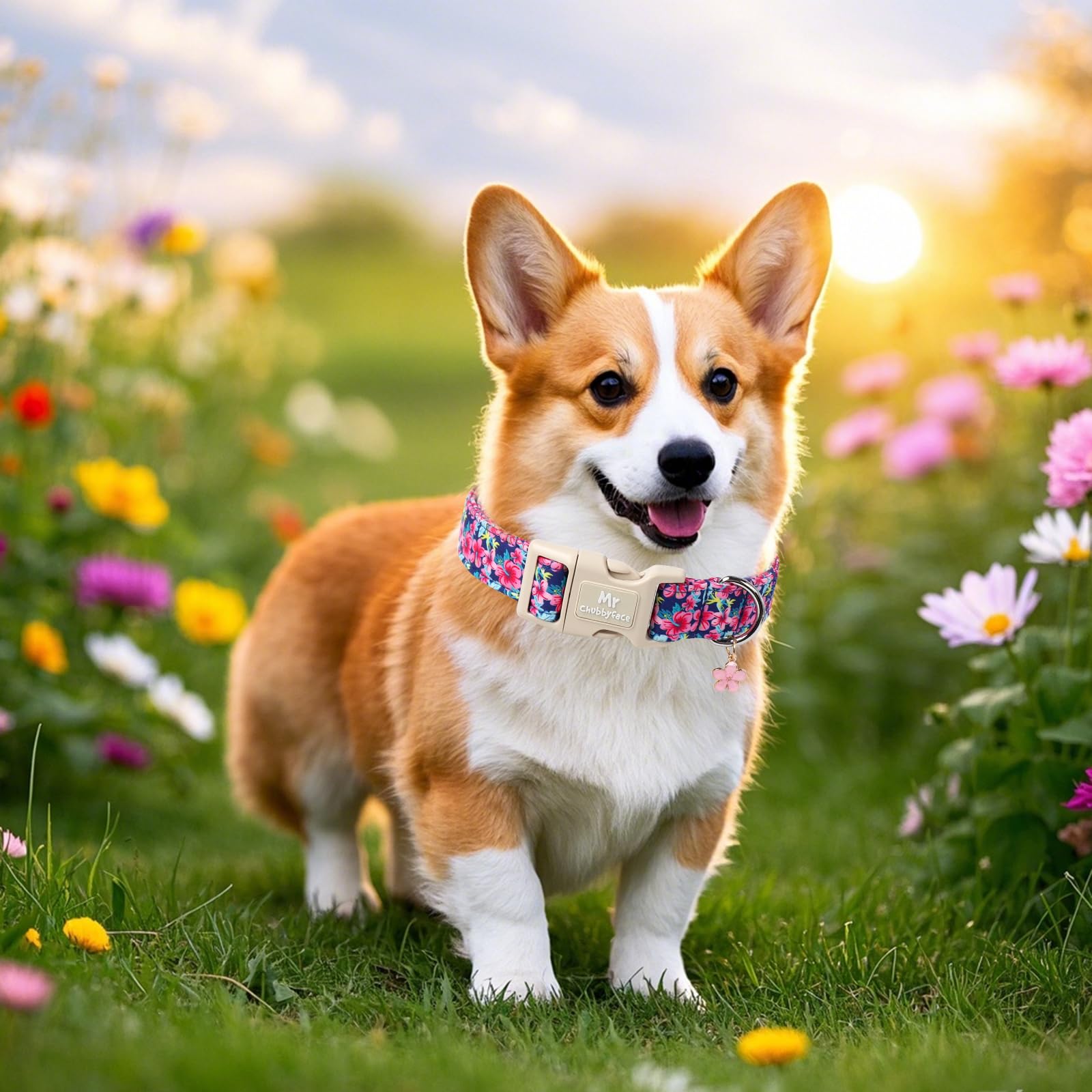 Mr.Chubbyface Spring Summer Dog Collar, Cute Pink Floral Dog Collars With Plastic Buckle, Light Adjustable Durable Pet Collar Fo