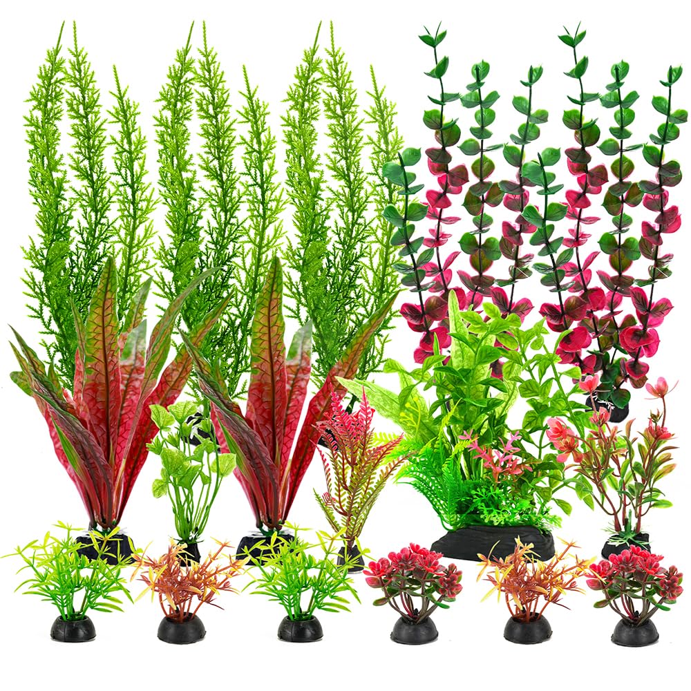 ViiWxx 18-Piece Artificial Aquarium Plants Decorations - Large Set with Red & Green Foliage, Fish Tank Decor for Betta, Goldfish