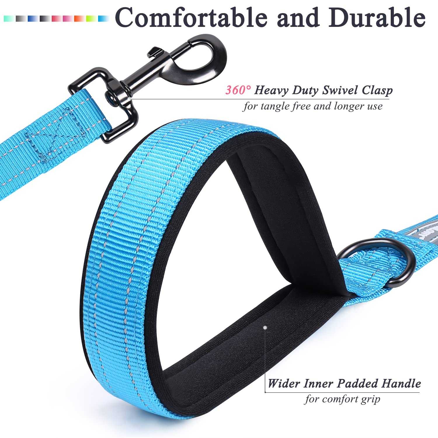 VIVAGLORY Dog Leash - 5ft Heavy Duty Nylon Training Leash with Padded Handle, Reflective Safety, Lake Blue for Medium & Large Dogs