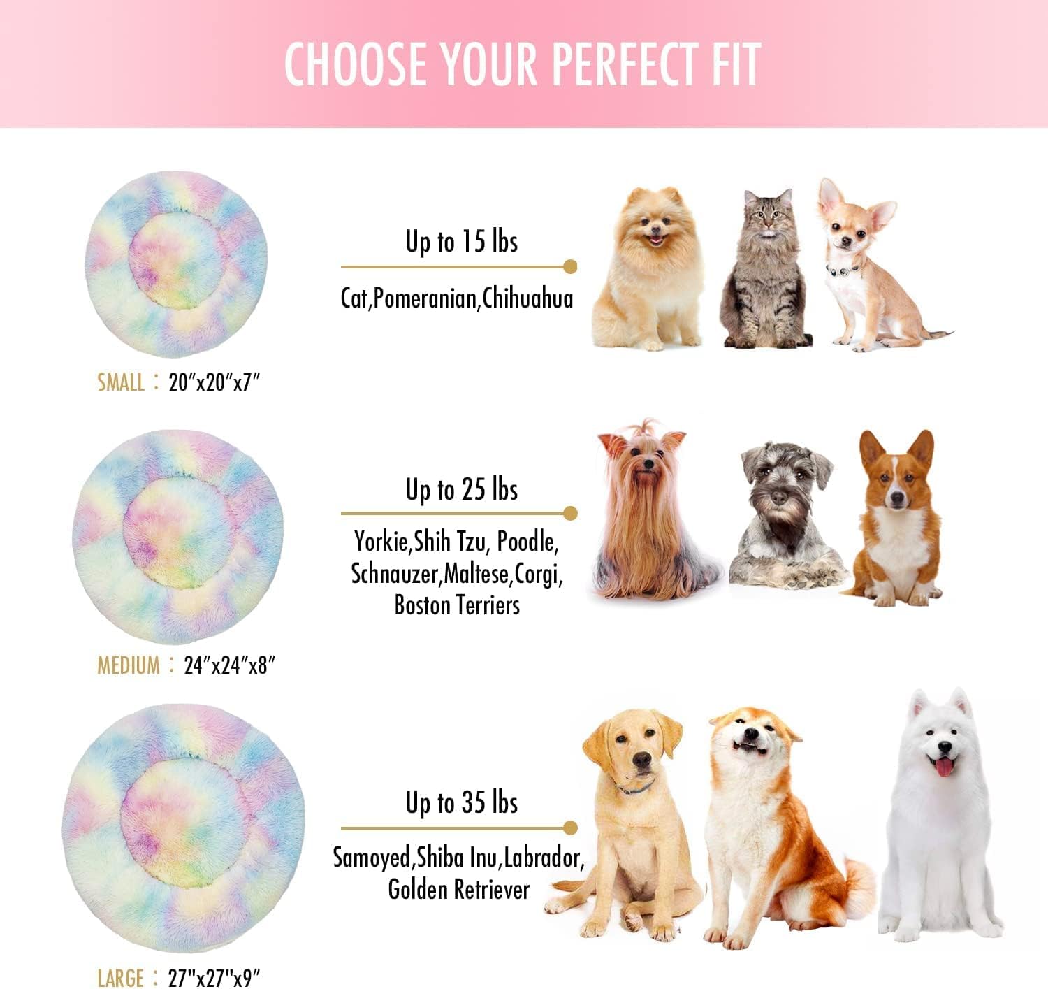 Cat Beds For Indoor Cats - Cat Bed Washable 20/24 Inches, Dog Beds For Small Medium Dogs, Anti Anxiety Round Fluffy Plush Faux Fur Cat Bed, Thick Bottom (Rainbow, Medium)