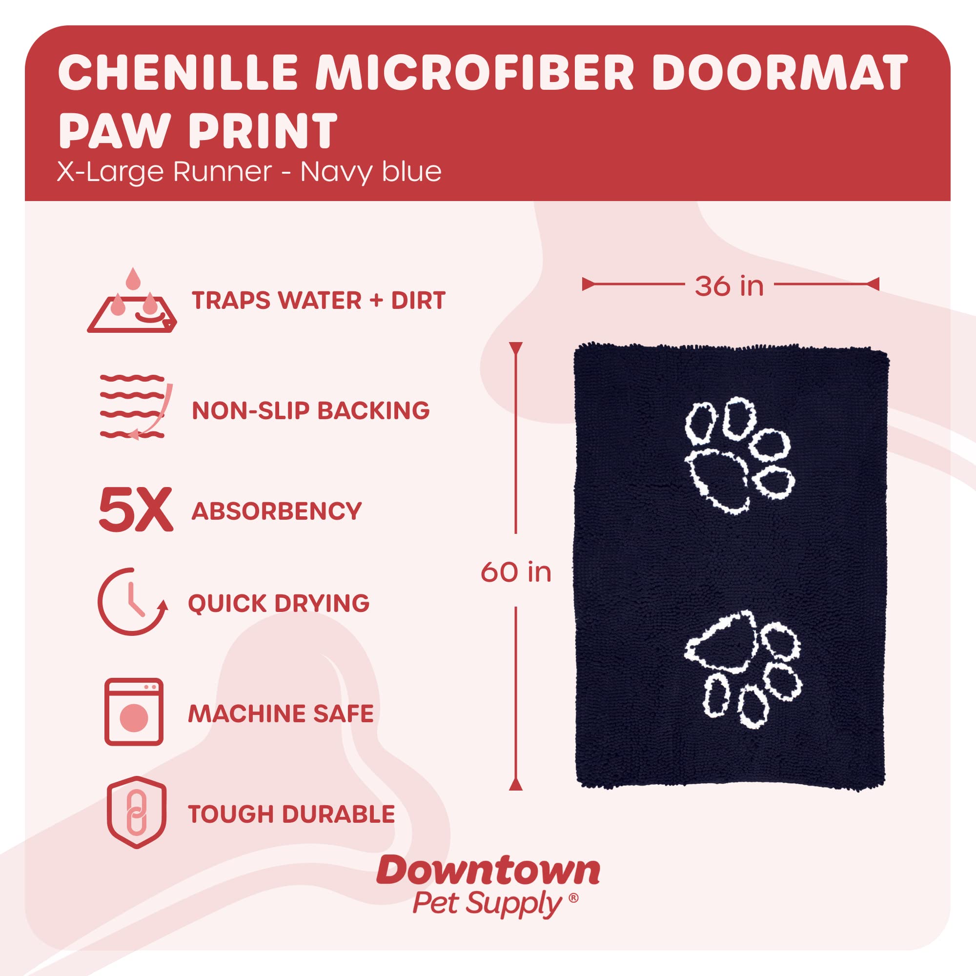My Doggy Place - Microfiber Dog Door Mat - Dirt And Water Absorbent Mat - Washer & Dryer Safe Non-Slip Mat - Navy Blue With Paw Print Runner - 60 X 36 In