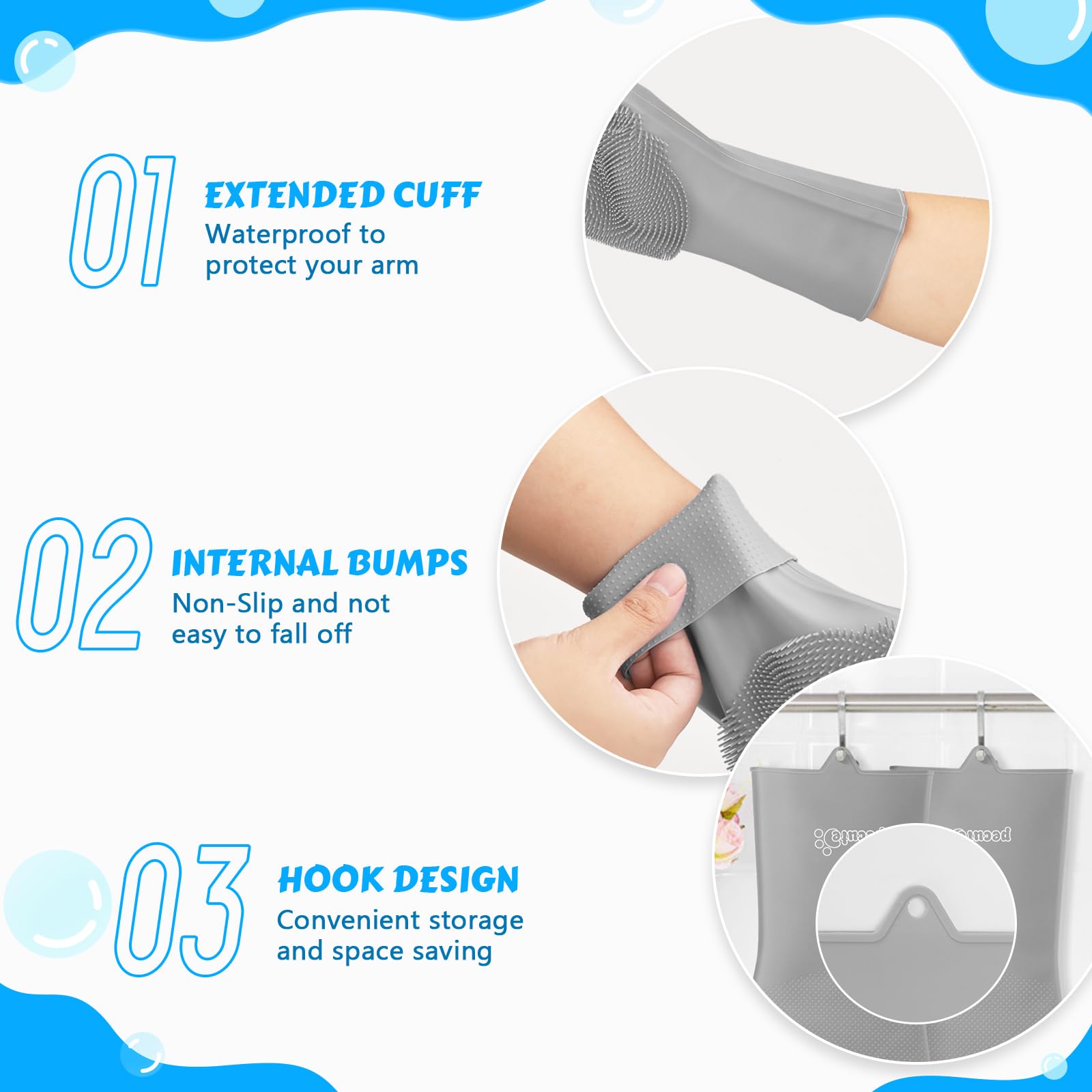 Pecute Pet Grooming Gloves, Large, Gray, Heat Resistant, High-Density Teeth, Silicone Dog Bathing Gloves With Enhanced Five Finger Design, For Washing, Bathing, And Massaging