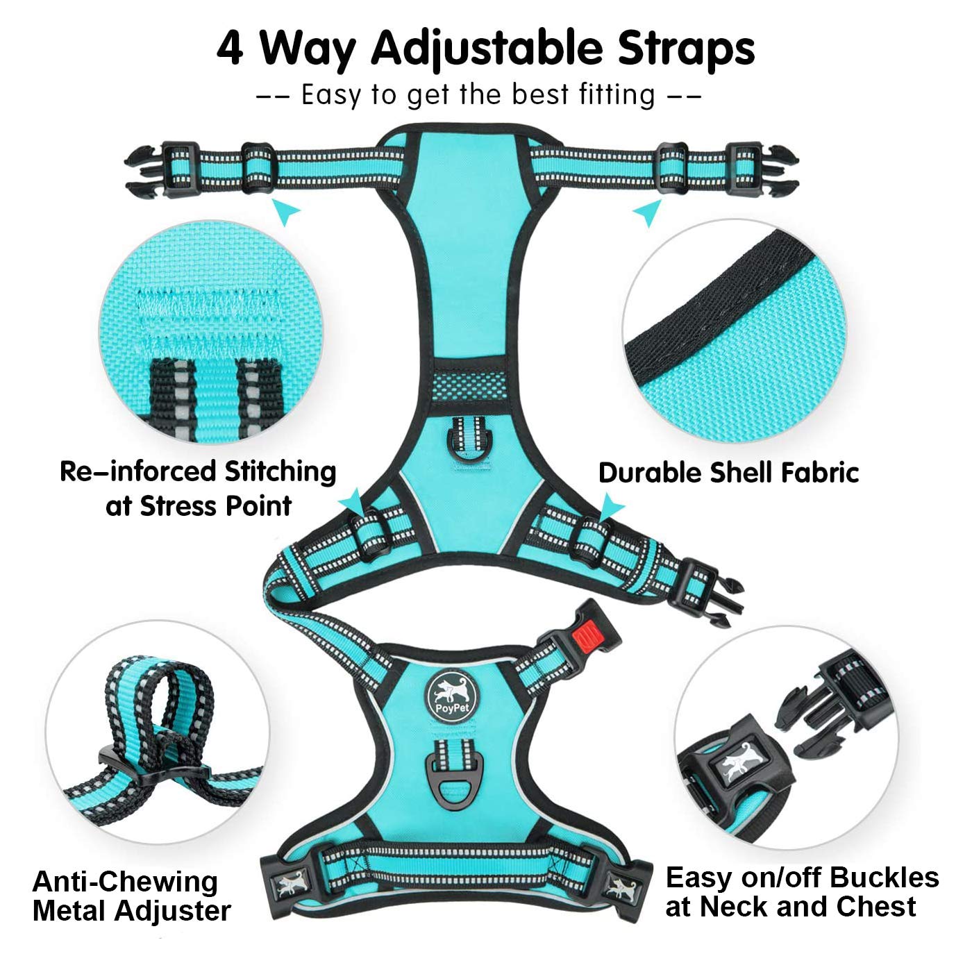 Poypet No Pull Dog Harness, [Release At Neck] Reflective Adjustable No Choke Pet Vest With Front & Back 2 Leash Attachments(Mint