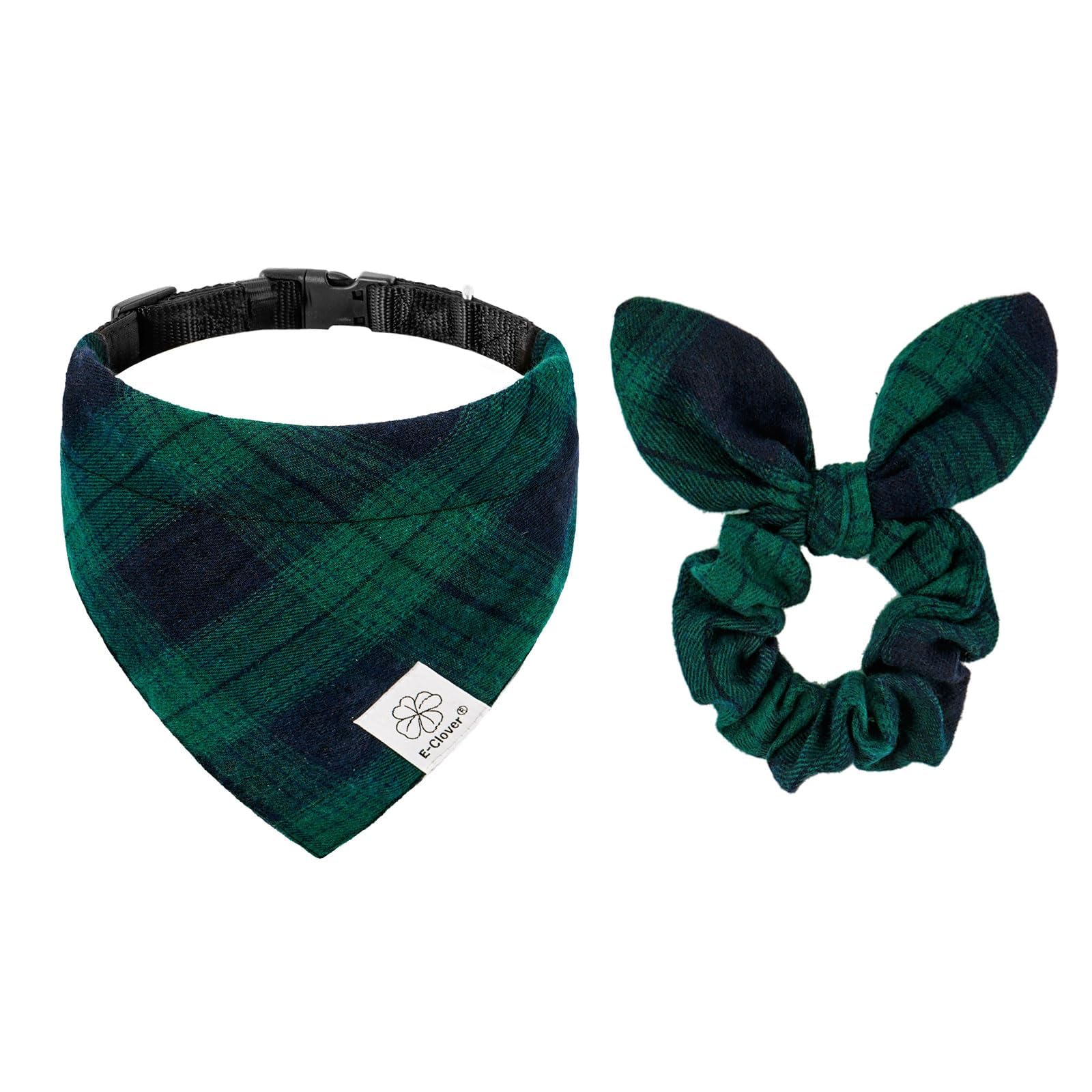 E-Clover Plaid Dog Collar-Dog Collar Bandana & Matching Scrunchie Adjustable Girl Boy Dog Collars For Small Medium Dogs Owner Gi