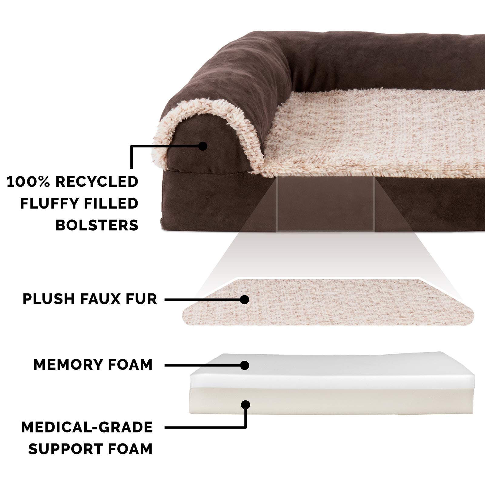 Furhaven Pet Products Two-Tone Faux Fur & Suede Memory Top Deluxe Chaise Lounge Pet Bed For Dogs & Cats - Espresso, Large