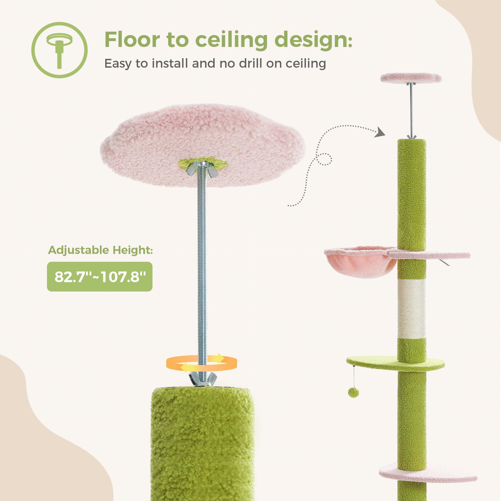 Pequlti Cat Tree Floor To Ceiling, Green Cat Tower, Adjustable Height (83''-108'') 5 Tiers Tall Climbing Tree For Indoor Cats Wi