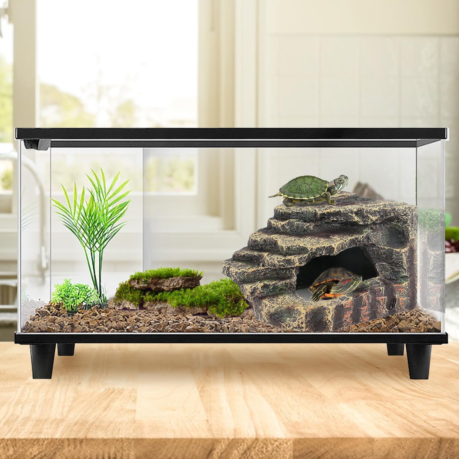 Kathson Turtle Basking Platform Frogs Habitat Hiding Cave Resin Fish Tank Aquarium Ornament Reptile Climbing Ramp Decorations For Amphibians Resting