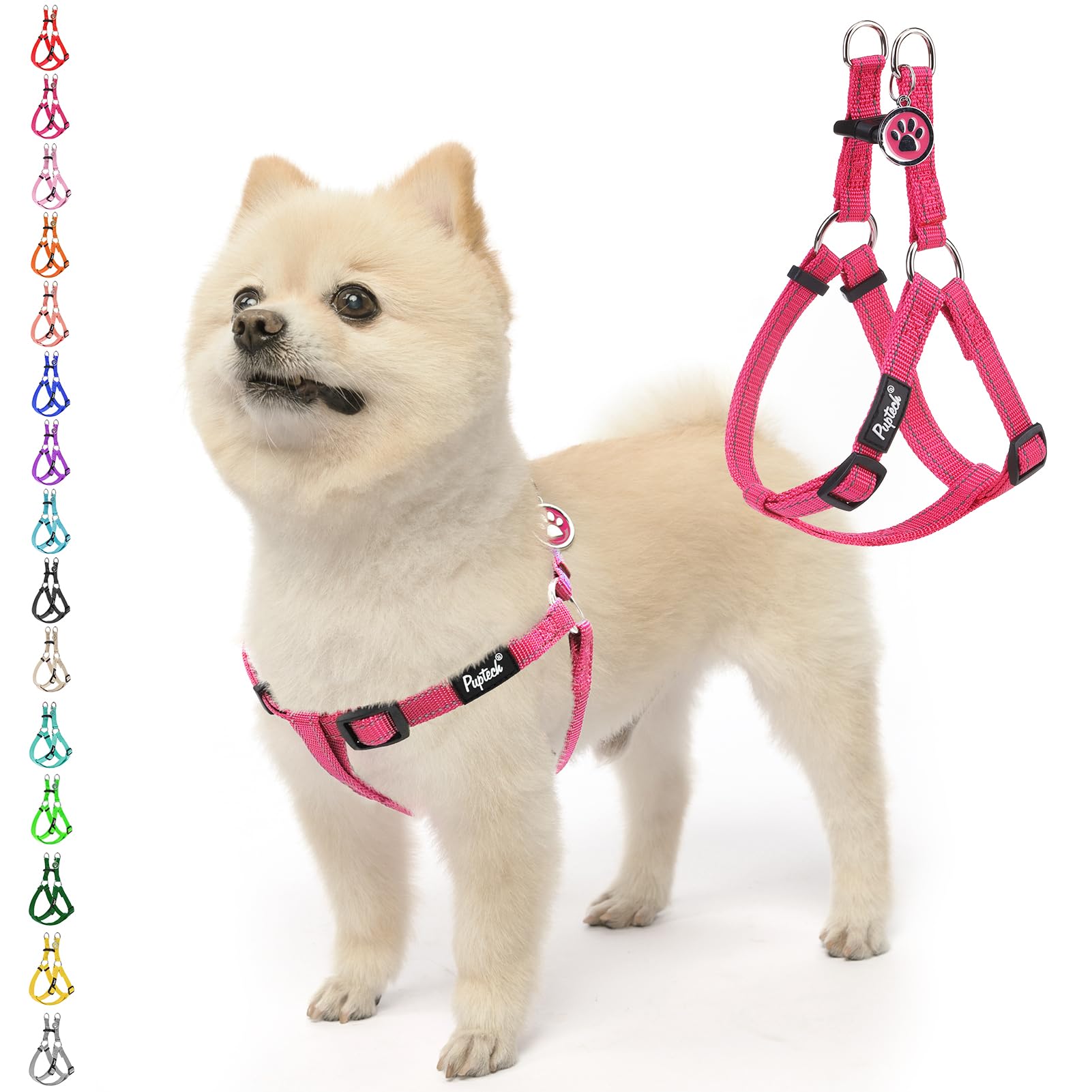 Pupteck No Pull Dog Harness Soft Adjustable Basic Nylon Step In Puppy Vest Outdoor Walking With Id Tag, Reflecive Pink, S
