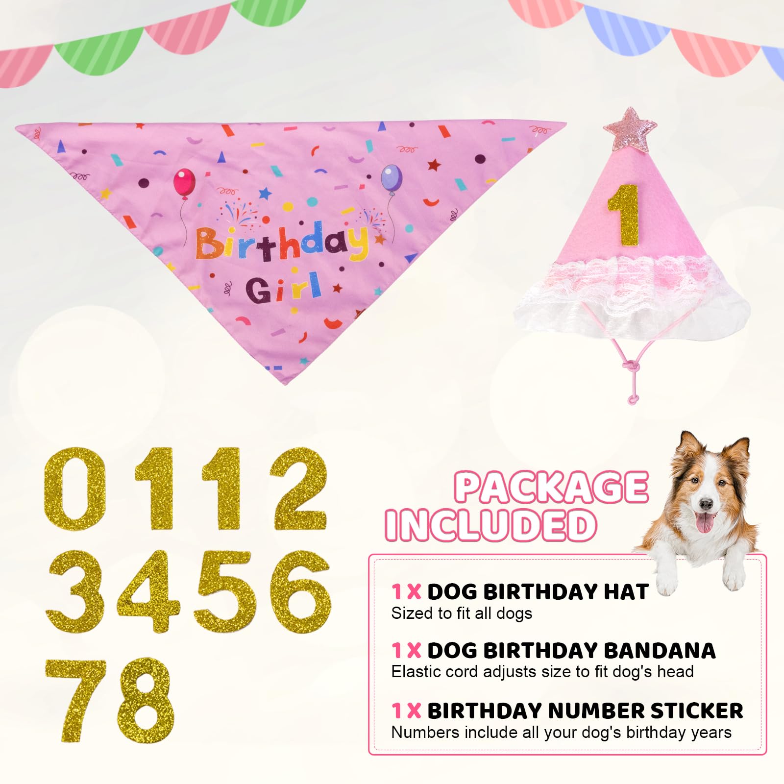 Jestrem Dog Birthday Party Supplies, Pink Birthday Girl Bandana, Birthday Hat With Star And Numbers, Dog Birthday Decorations Fo