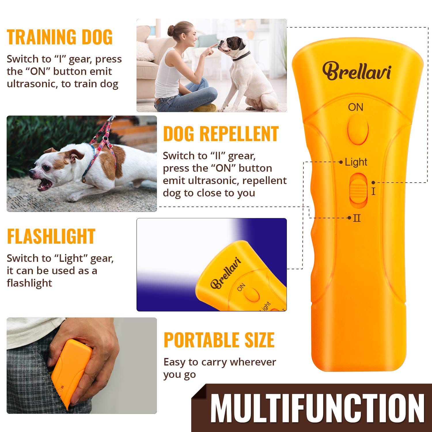 Brellavi Anti-Bark Dog Training Equipment And Barking Control Device, Electronic Clicker Trainer For Walking, Jogging, And Aggressive Behavior, Handheld And Portable (Orange)