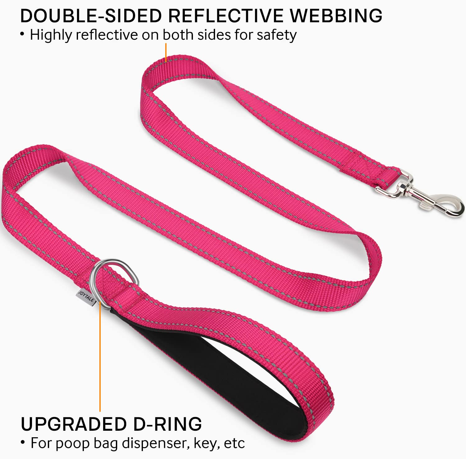 Joytale Double-Sided Reflective Dog Leash, Padded Handle, Nylon, 5 FT, Hotpink