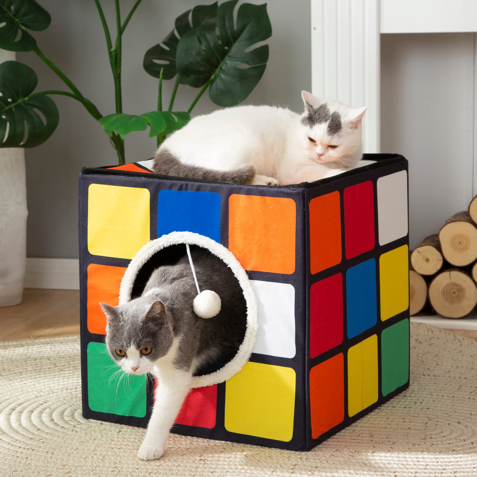 Luckitty Cat Condo House With Reversible Cushions And Fluffy Ball Hanging, Foldable Magic Cube, Large Cave Bed For Indoor Cats, 