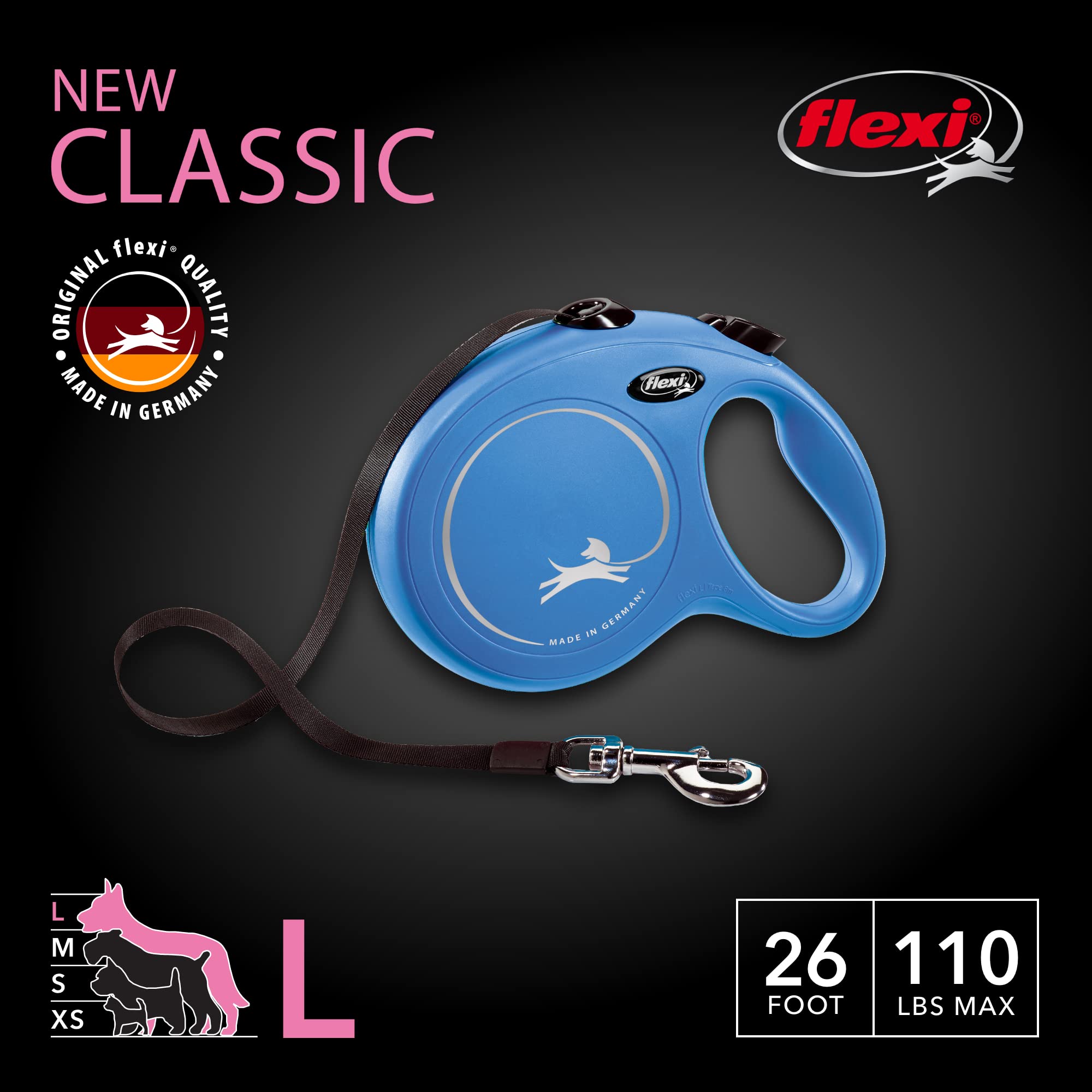 Flexi Cl30T8.250.Bl New Classic Tape Retractable Leash, Blue, Large/26'