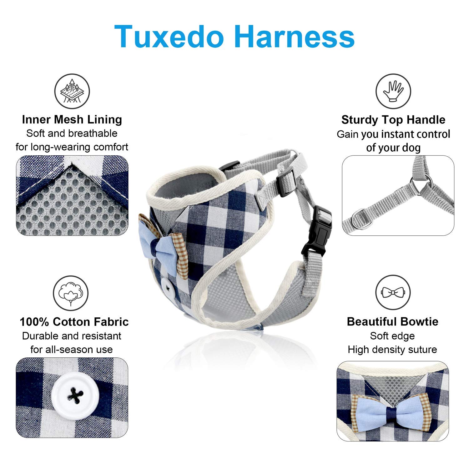Bark Lover Small Puppy Harness With Bowtie, Adjustable Dog Vest Mesh Tuxedo Harness For Small Dog Kitten, Perfect For Party Wedding Holiday (M, Blue Plaid)