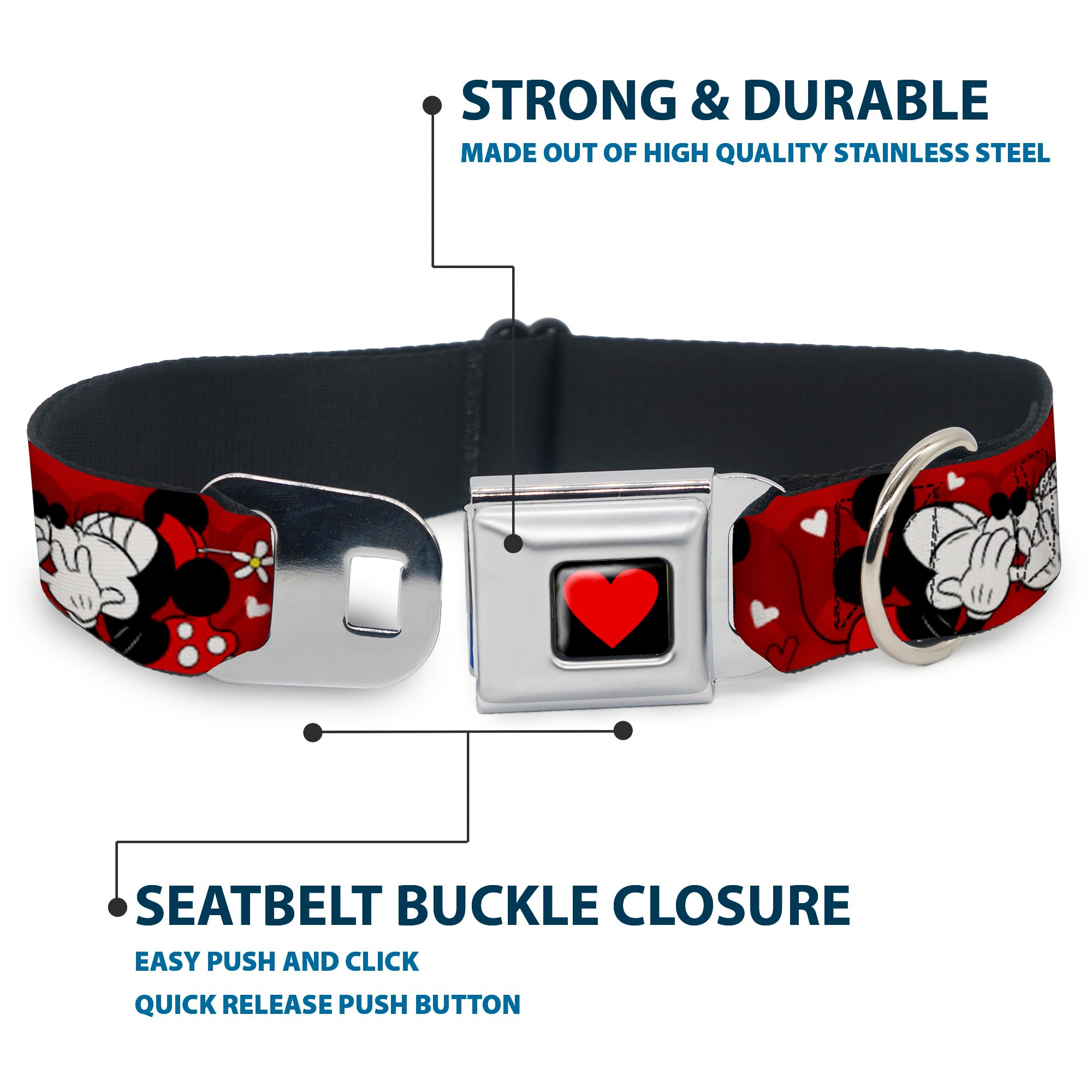Buckle-Down Dog Collar Seatbelt Buckle Mickey Minnie Hugs Kisses Poses Reds White, Multicolor, 1.5' Wide - Fits 18-32' Neck -