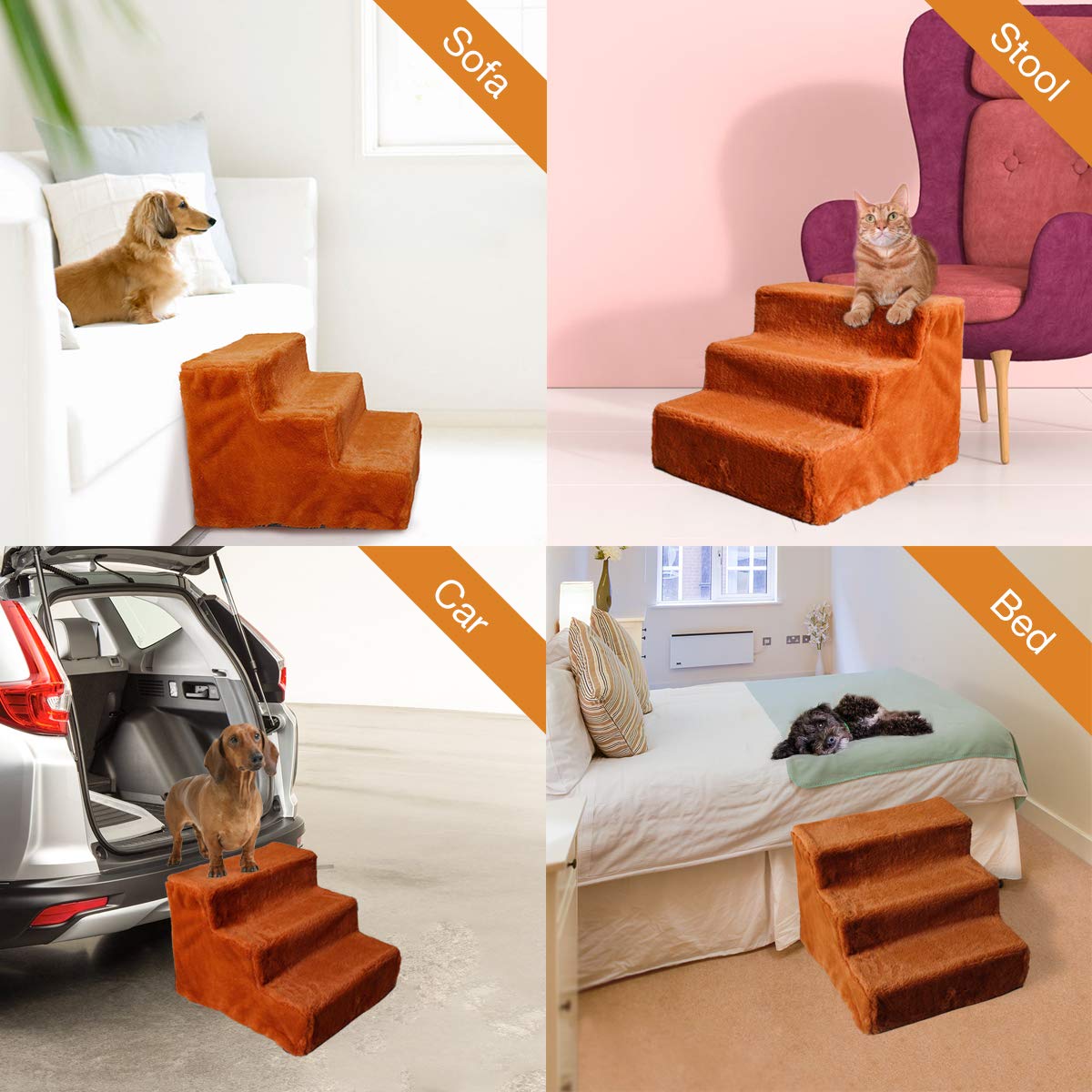 Enjoying Dog Stairs For Small Dogs, 3-Step Doggy Ladder For Couch, Assemblable Non-Slip Puppy Cat Steps, Brown