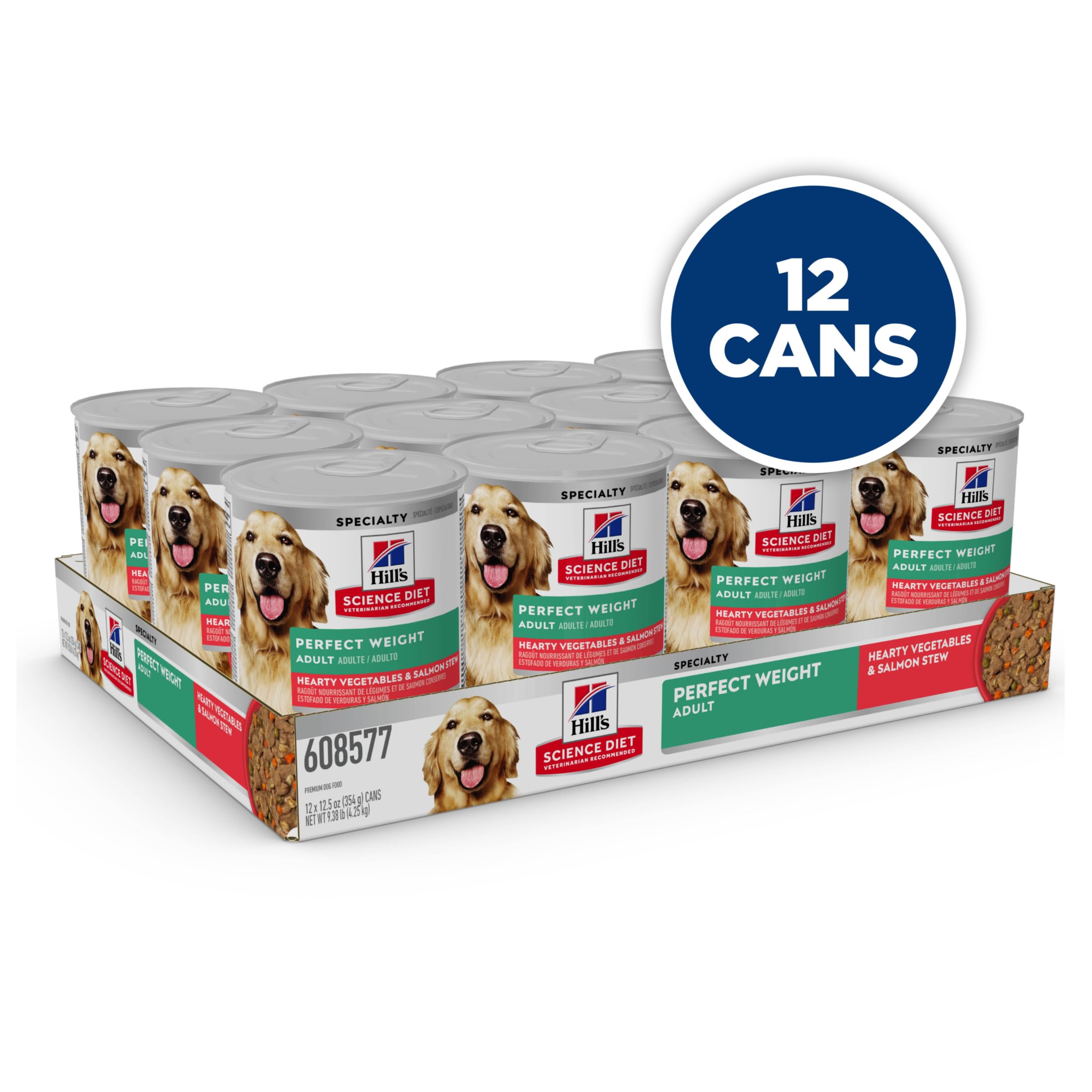 Hills Science Diet Perfect Weight, Adult 1-6, Weight Management Support, Wet Dog Food, Salmon & Vegetables Stew, 12.5 oz Can, C